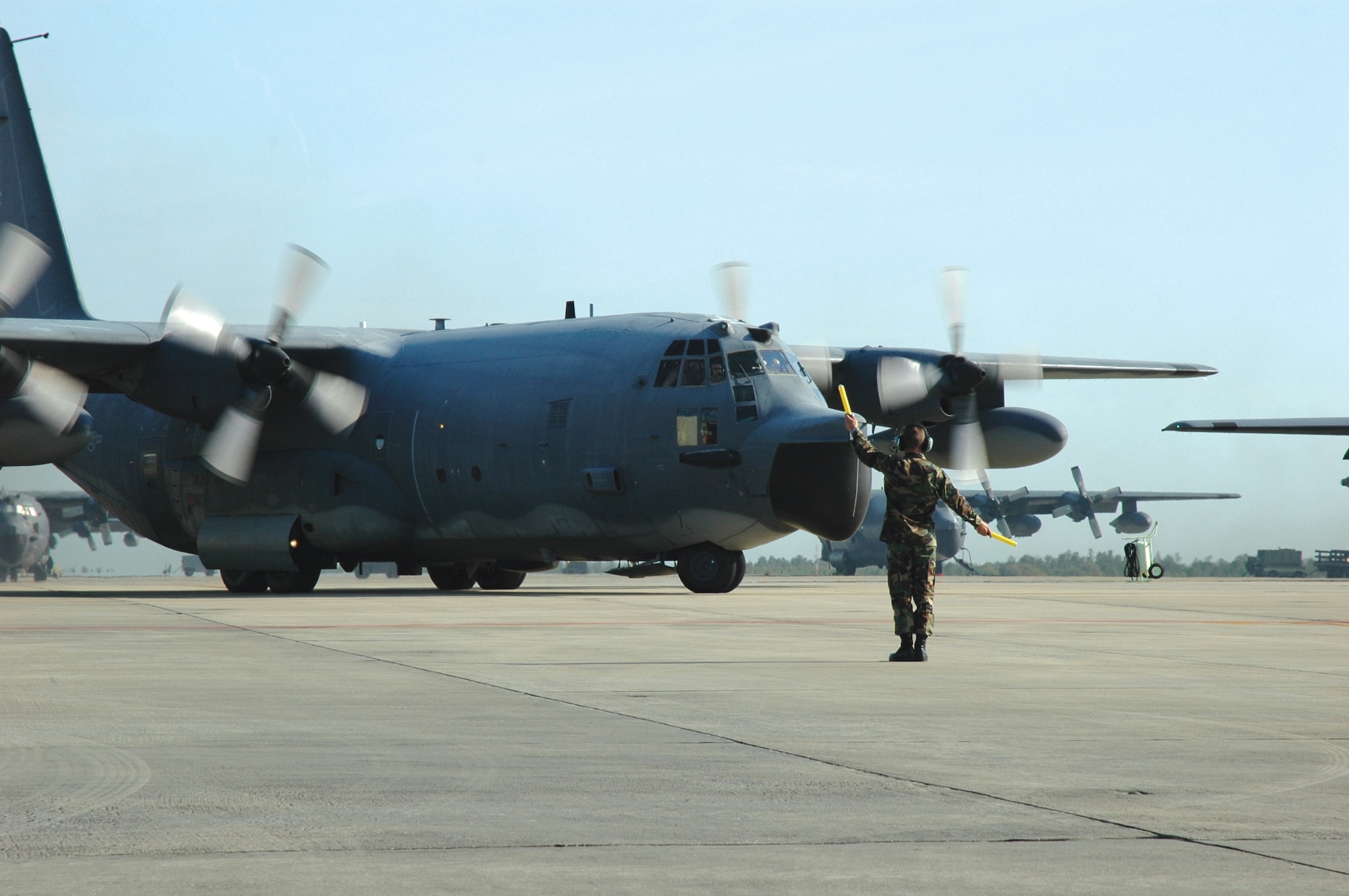 An MC-130E Combat Talon I aircraft prepares to take off from Duke Field's flight line in this 2007 photo. The 919th Special Operations Wing located at Duke has temporarily moved its flight operations to Eglin Air Force Base to accomodate runway repairs from now until early June. (U.S. Air Force Photo/Jasmine DeNamur)