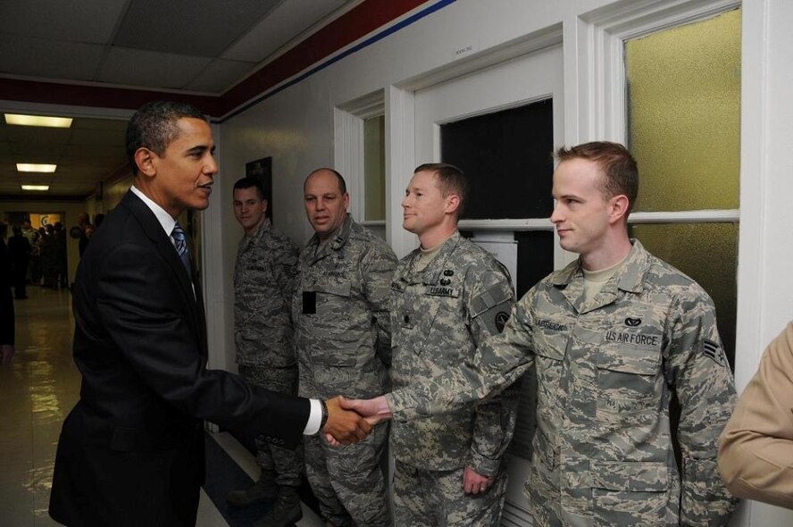 WASHINGTON, D.C. -- Senior Airman Ryan Labreck, 92nd Civil Engineer Squadron, shakes President Barack Obama’s hand following the presidential inauguration Jan. 20. Airman Labreck was one of seven Airmen tasked by the 92nd Air Refueling wing to support the inauguration. (Courtesy photo)