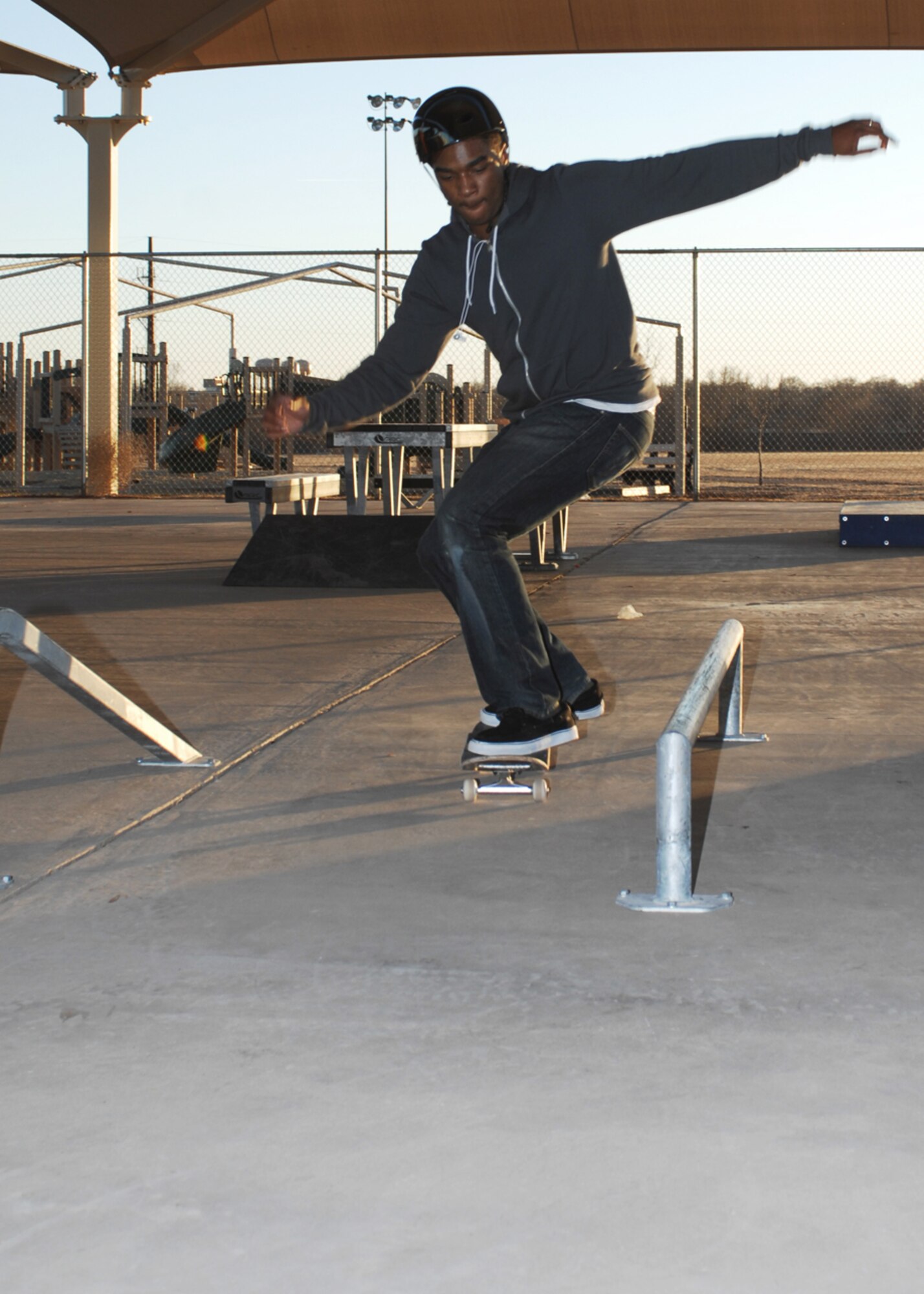 CANNON AIR FORCE BASE, N.M. -- Airman 1st Class Dominque Smith, 27th Special Operations Force Support Squadron, spends some of his off-duty time at Cannon's Skateboard Park. The park, which  also includes additional playgrounds, opened in Oct., 2008, and is located in the Chavez Manor housing area. It is available for use by active military, their families, retirees, reserves, guard and Cannon employees. (Air Force photo by Greg Allen) 