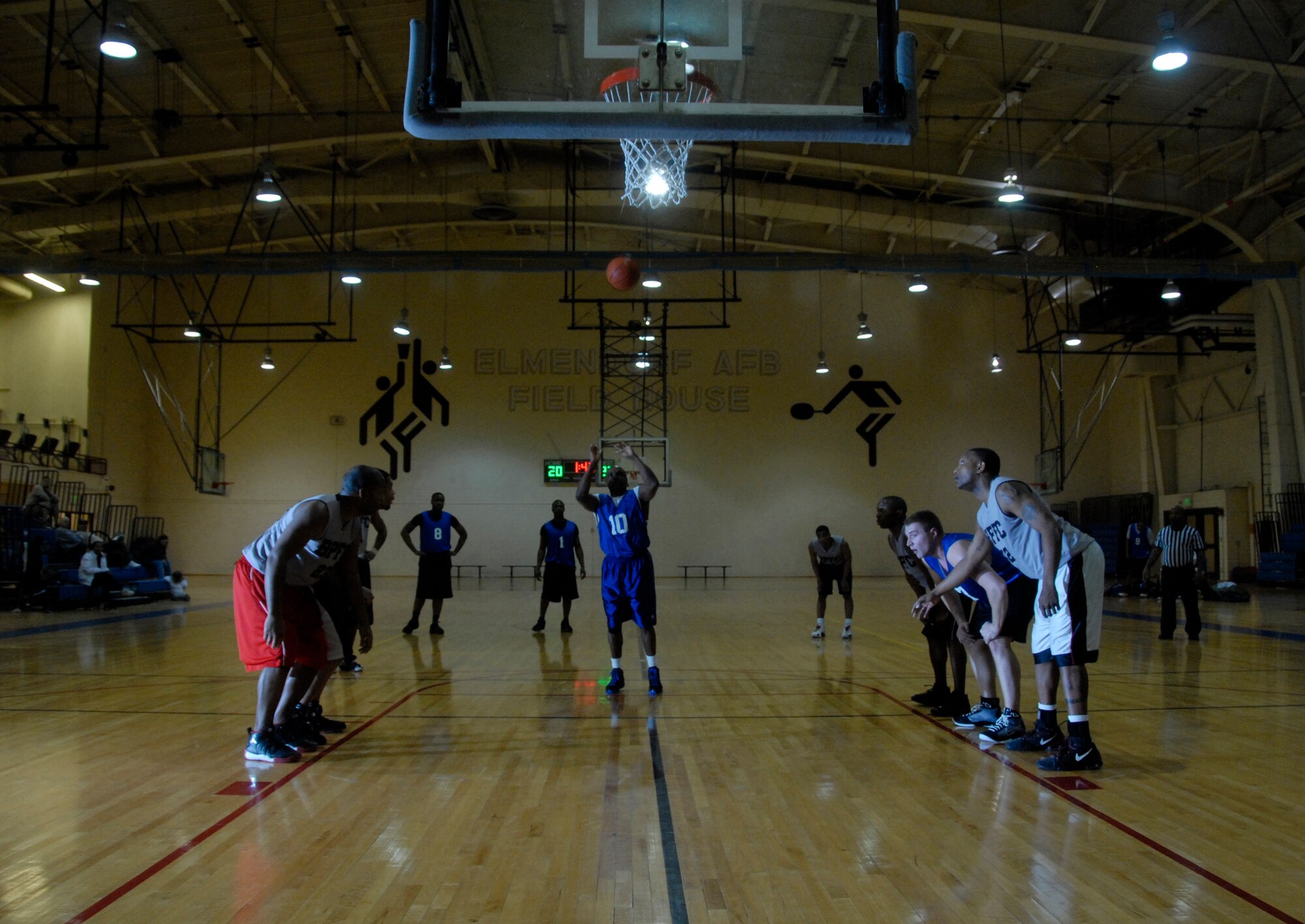 Master Sgt. Kimble Peterson, 3rd Operations Support Squadron, shoots a free throw against the Army's top team Jan. 28 at the Elmendorf fitness center. This game was the Air Force Intramural Basketball winners against Ft. Richardson?s top team, HHC 725, in the Joint Base Elmendorf/Richardson basketball tournament. The final score was Ft. Richardson with a 54-50 win. (U.S. Air Force photo/Airman 1st Class Cynthia Spalding)