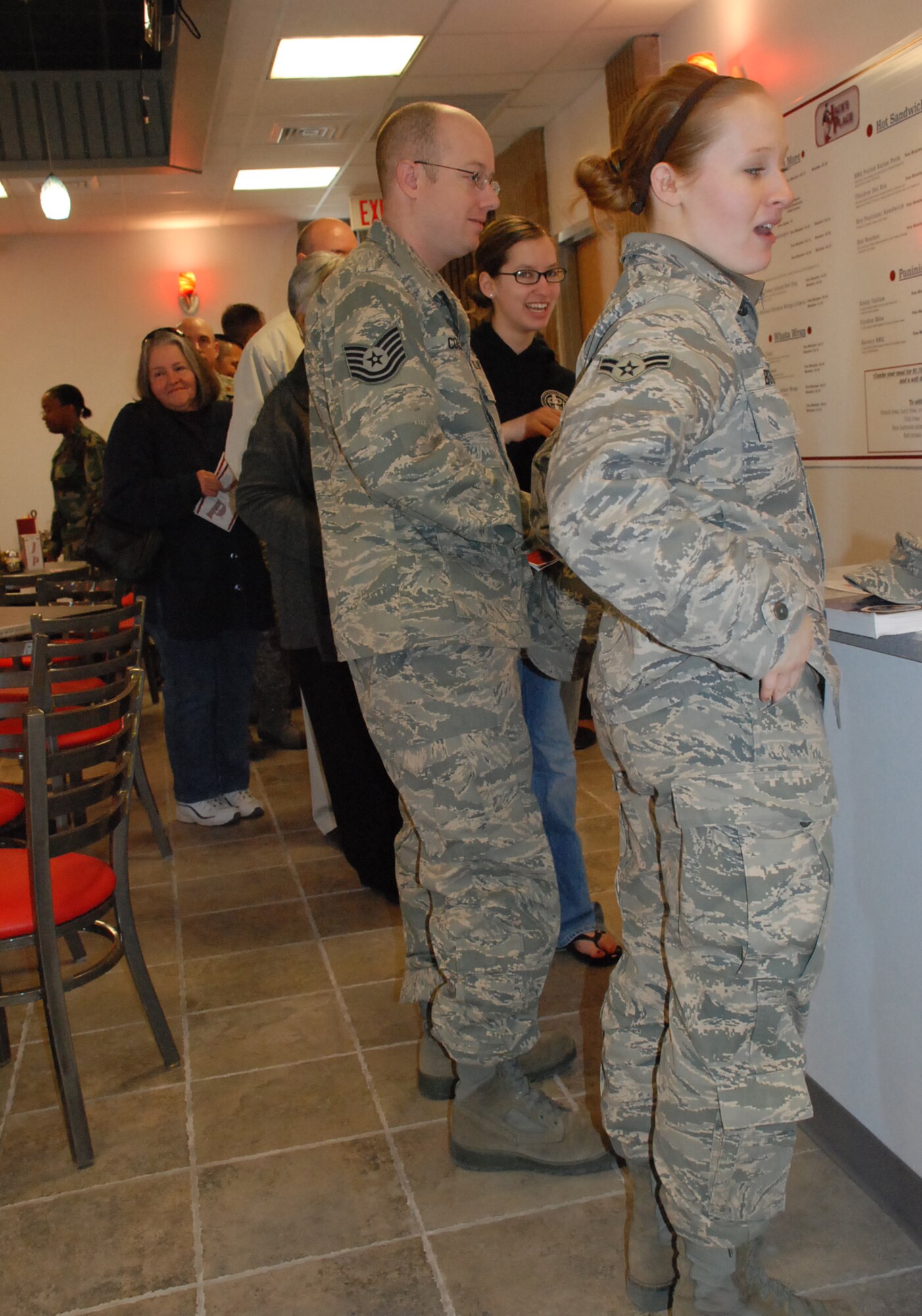 LAUGHLIN AIR FORCE BASE, Texas – Airmen stand in line at Jack’s Place, a new restaurant on base featuring a sports bar atmosphere, for coming to the grand opening here Jan. 29. Before the opening Col. John Doucette, 47th Flying Training Wing commander, thanked Airmen outside. Colonel Doucette said the restaurant’s opening was a result of Team XL teaming up. “Nothing happens on this base without everyone working together, and we’re going to keep modifying the menu to keep people coming here,” he added.  (U.S. Air Force photo by 1st Lt. Courtney Kippenberger)