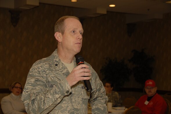 Brigadier General Donald Dunbar, Wisconsin Adjutant General, speaks at the "Community Resiliency: A Coordinated Effort" event Jan. 13 at the Inn on the Park in downtown Madison. The event was a way for the many different servicemember and family support agencies to unite under the new Service Member Support Branch which aims to provide enhance support to military members and their families. (U.S. Air Force Photo by Master. Sgt. Dan Richardson) 