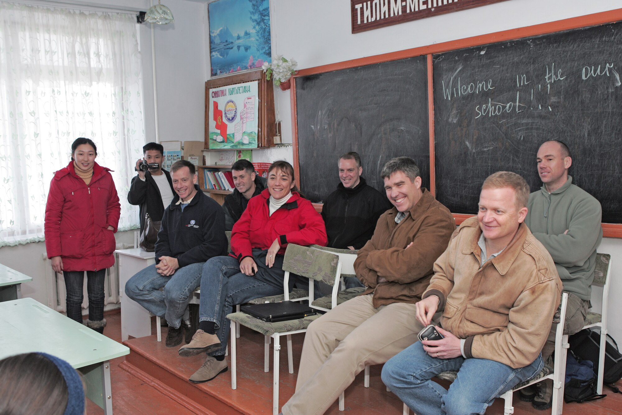Astronauts from the Space Shuttle Endeavour STS-126 mission visit a Kyrgyzstan village school Jan. 29 near Manas Air Base, Kyrgyzstan. The six crewmembers of the space shuttle spoke of the journey, which launched from Kennedy Space Center in Florida Nov. 14 and returned Nov. 30, 2008. (U.S. Air Force photo/Tech. Sgt. David Jones) 

