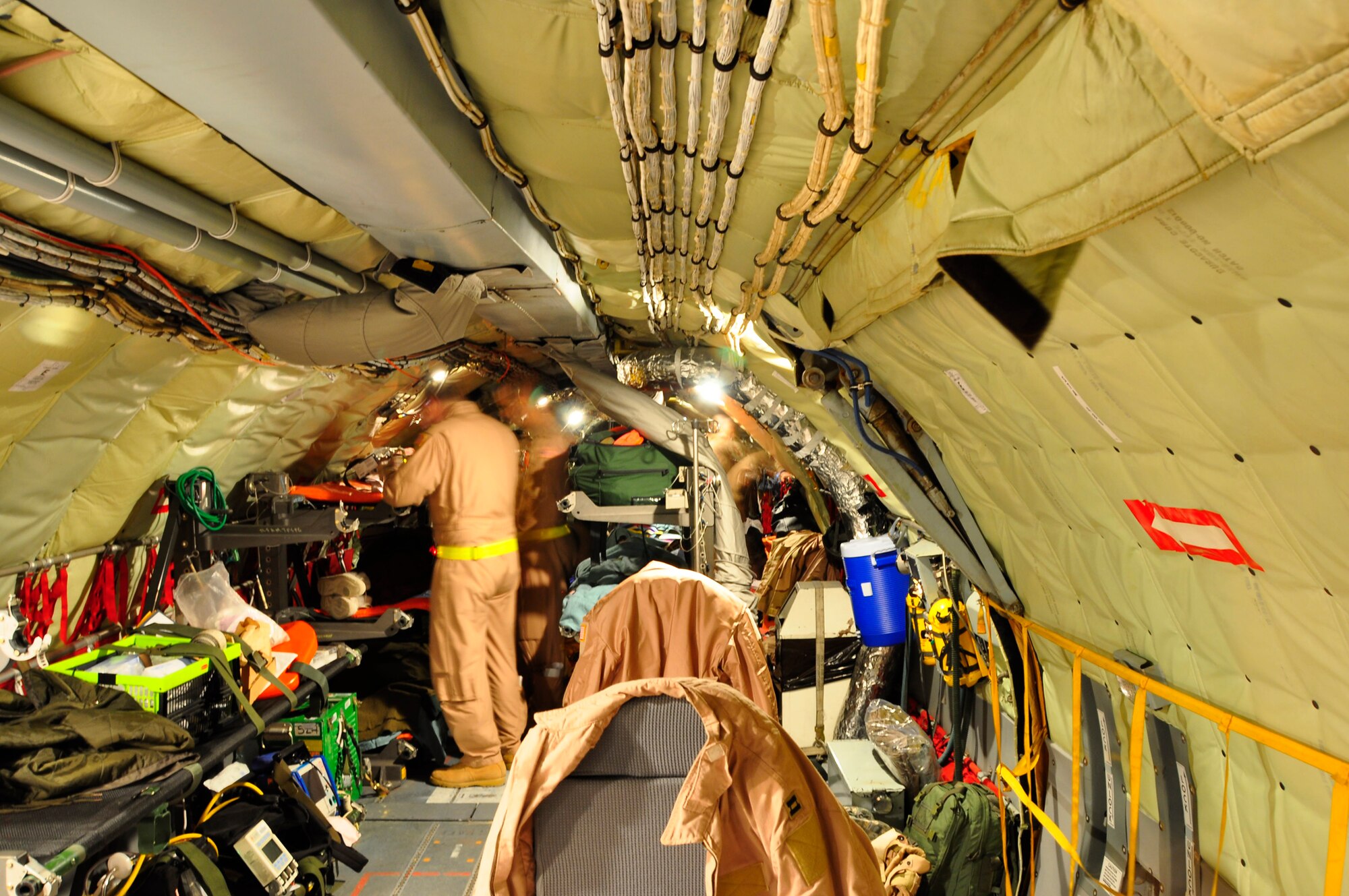 The interiors of KC-135 Stratotankers used for aeromedical evacuation missions become packed "wall-to-wall" with equipment. Crews from the 931st Air Refueling Group have successfully completed three missions involving the evacuation of sick and wounded troops from Afghanistan. The 931st is an Air Force Reserve unit at McConnell Air Force Base, Kan. (Courtesy photo/Lt. Col. Tsuyoshi Tung)