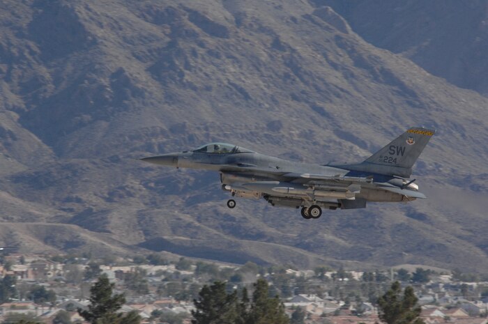 NELLIS AIR FORCE BASE, Nev. – F-16 pilot Capt. Ruven Yarbrough, 79th Fighter Squadron, Shaw AFB, S.C., lands his jet here Jan. 28 after flying a mission for RED FLAG 09-2.  RED FLAG is a multinational exercise providing a realistic environment to practice combat scenarios.  The experience gained during the exercise is vital to the survival of the pilots in combat.
