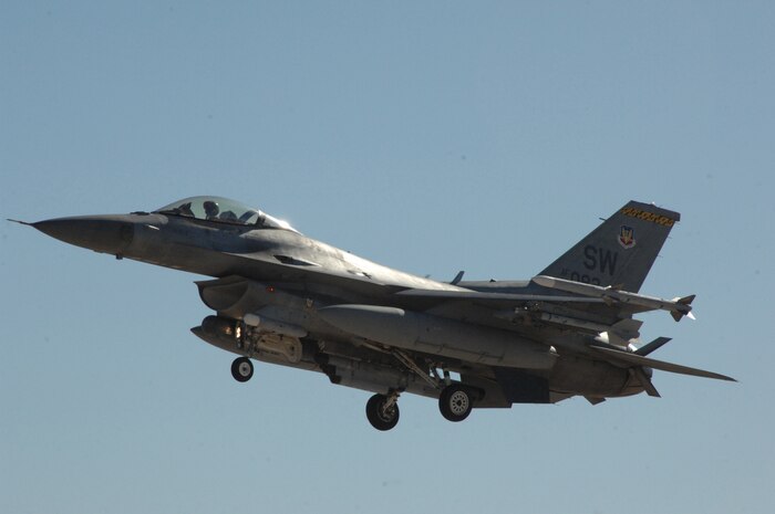 NELLIS AIR FORCE BASE, Nev. –  An F-16 pilot from 79th Fighter Squadron, Shaw AFB, S.C., lands his jet here Jan. 28 after flying a mission for RED FLAG 09-2.  RED FLAG is a multinational exercise providing a realistic environment to practice combat scenarios.  The experience gained during the exercise is vital to the survival of the pilots in combat. (U.S. Air Force photo by 2nd Lt. Noelle Caldwell)