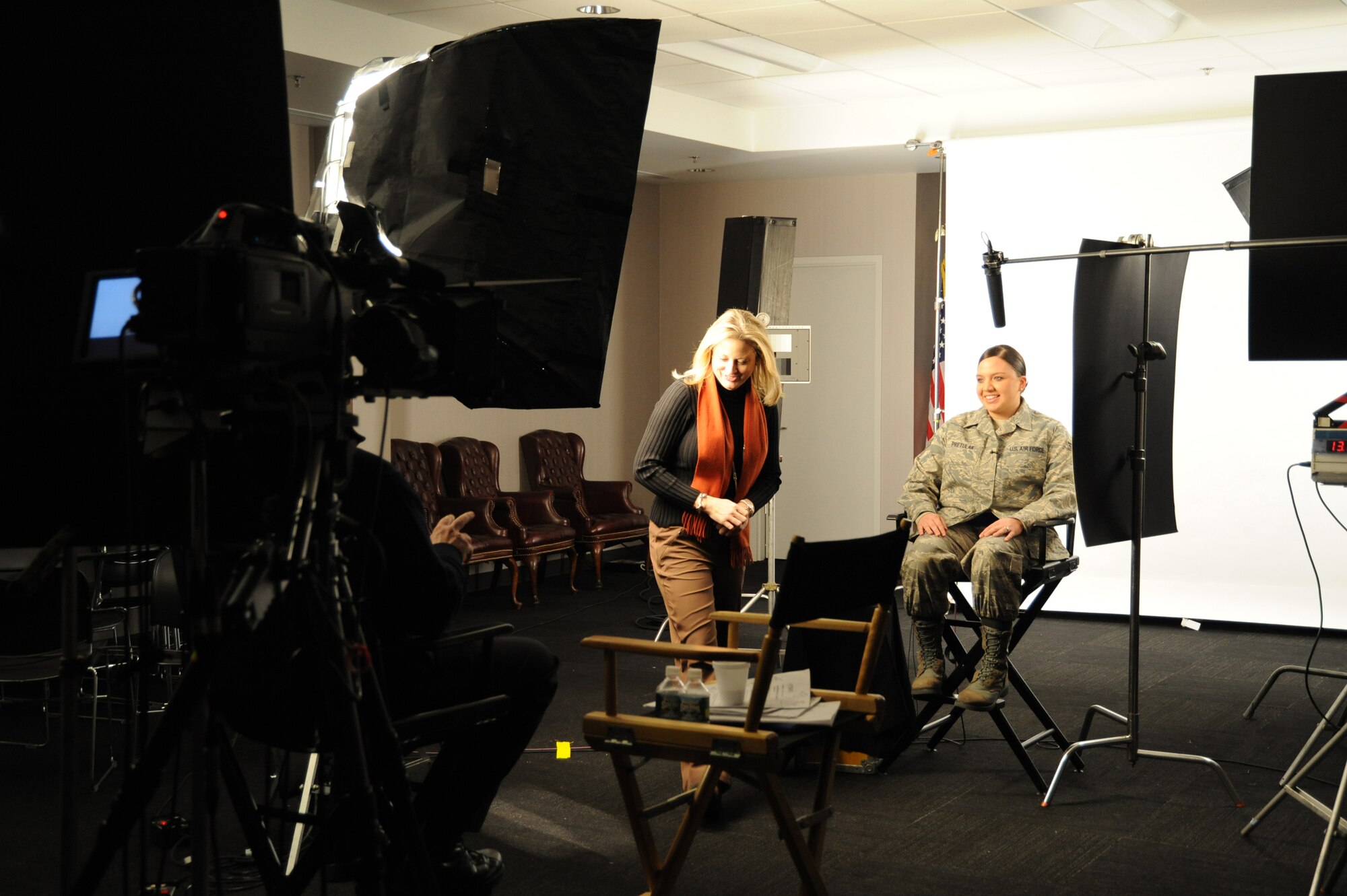 Senior Airman Evon Pretulak, Fleet Services training manager, conducts an Air Force Smart Operations for the 21st Century interview at the 436th Aerial Port Squadron on Dover Air Force Base Jan. 30.  The AFSO-21 video filmed at Dover is scheduled to be used Air Force wide. (U.S. Air Force photo/Tech. Sgt. Kevin Wallace)