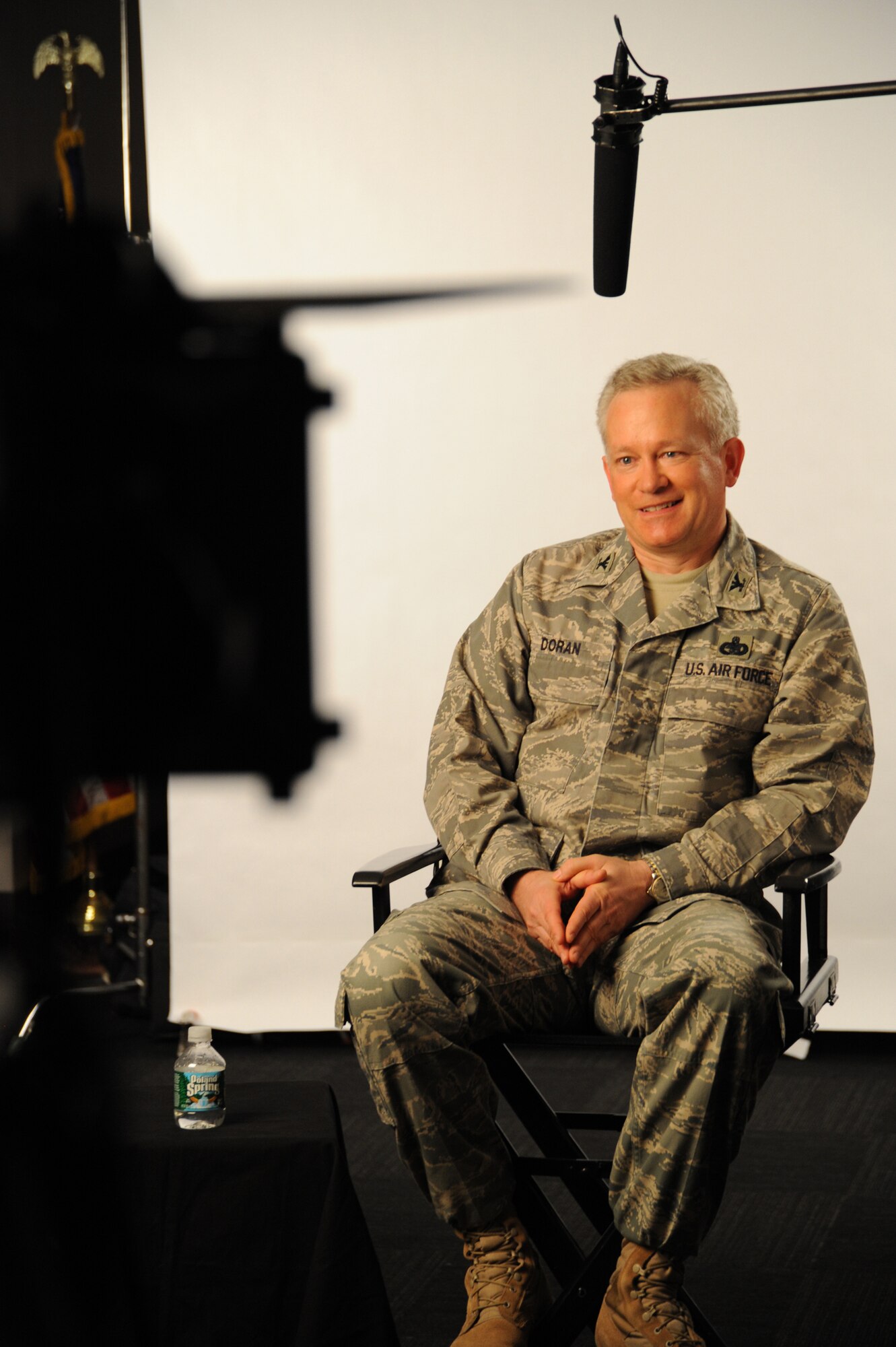Col. Chris Doran, Air Mobility Command Terminal-21’s manager, conducts an Air Force Smart Operations for the 21st Century interview at the 436th Aerial Port Squadron on Dover Air Force Base Jan. 30.  Dover was chosen to be spotlighted in the video because of their state-of-the-art operations. (U.S. Air Force photo/Master Sgt. Joseph Springfield)