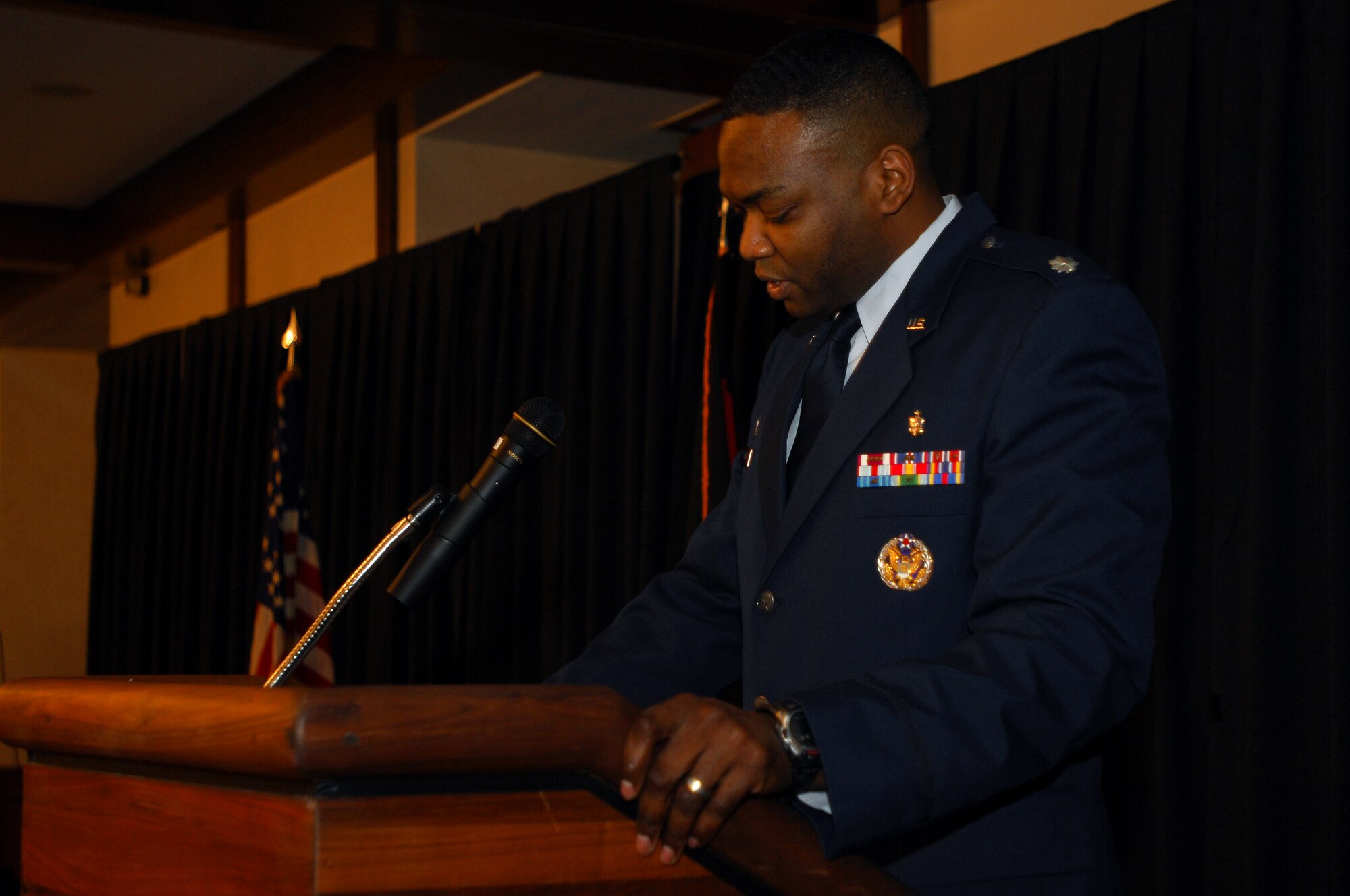 Lt Col. Alfred Flowers, 435th Medical Support Squadron commander, gives an inspirational speech at the African American History Month luncheon Jan. 30, 2009, at Ramstein Air Base. The month dedicated to African American heritage kicked-off with the luncheon and will be celebrated throughout the month of February. (U.S. Air Force photo by Airman 1st Class Kenny Holston) 