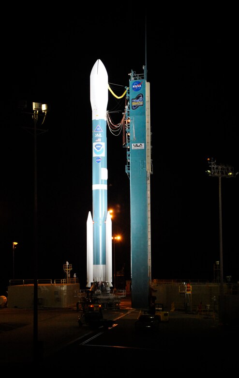 VANDENBERG AIR FORCE BASE, Calif.  -- A Delta II rocket is exposed after the launch tower rollback Feb. 3. The rocket is carrying a NOAA-N Prime polar-orbiting weather satellite for NASA and the National Oceanic and Atmospheric Administration. (U.S Air Force photo/Senior Airman Stephanie Longoria)