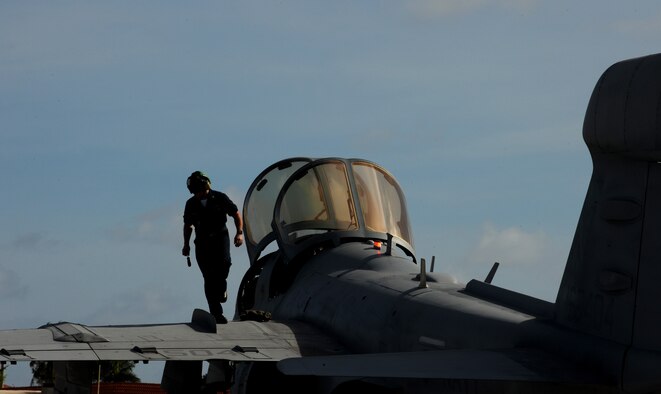 Petty Officer1st class Christopher Baker, U.S. Navy aviation electricians mate takes a final look over of an EA-6B Prowler, Feb. 3 at Andersen Air Force Base, Guam prior to a local area mission during exercise Cope North 09-1. Navy EA-6B Prowlers from VAQ-136 Carrier Air Wing Five, Atsugi, Japan along with Japan Air Self Defense Force F-2s  from the 6th Squadron, Tsuiki Air Base and E-2Cs from the 601st Squadron, Misawa Air Base will join forward deployed USAF  F-16 Fighting Falcons from the 18th Aggressor Squadron, Eielson Air Force Base, Alaska, B-52 Stratofortress' currently deployed to Andersen AFB, Guam from the 23rd Expeditionary Bomb Squadron will participate in this year's Cope North exercise Feb. 2-13, with a focus on interoperability. (U.S. Air Force photo/ Master Sgt. Kevin J. Gruenwald) released      
