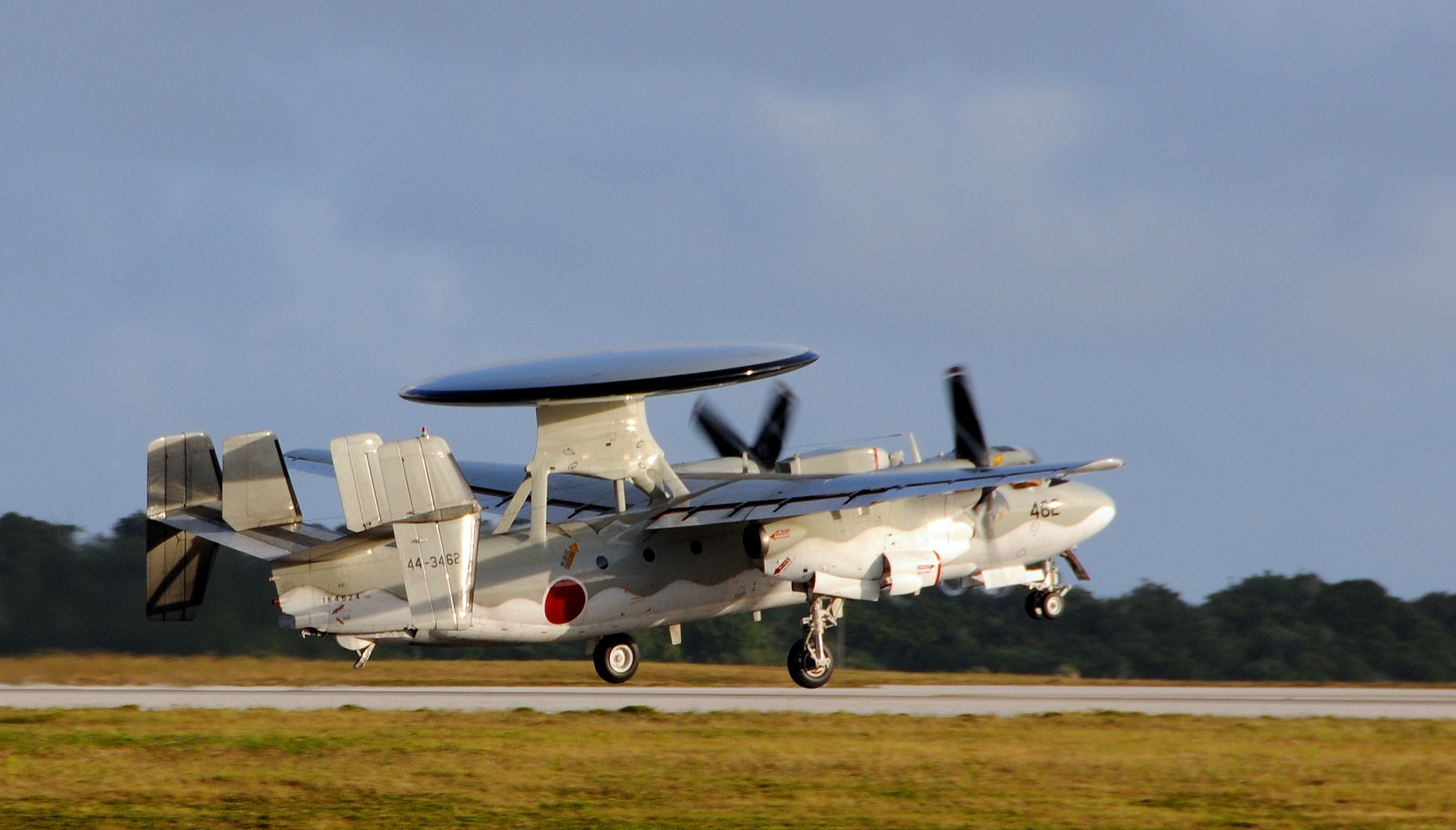 ANDERSEN AIR FORCE BASE, Guam - A Japan Air Self Defense Force E-2C Hawkeye takes of for a familiarization flight here Feb. 4. This is the 10th time that Cope North has been held here, and the fourth time the JASDF will use live ordnance since the first exercise in 1978. (U.S. Air Force photo by Airman 1st Class Courtney Witt)
