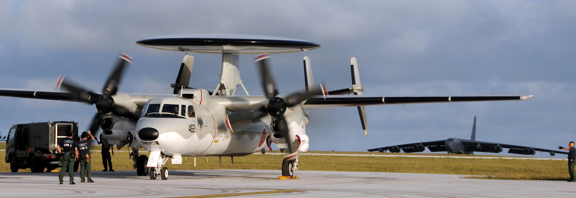ANDERSEN AIR FORCE BASE, Guam - Japan Air Self Defense Force E-2C Hawkeye joins a  United States B-52 bomber for the two-week Cope North exercise here Feb. 4. Cope North is a two-week annual bilateral exercise between U.S. forces and the Japan Air Self Defense Force that began Feb. 2, and is designed to strengthen military relationships between the two countries as well as enhance U.S. and Japanese air operations in defense of Japan. (U.S. Air Force photo by Airman 1st Class Courtney Witt)

 