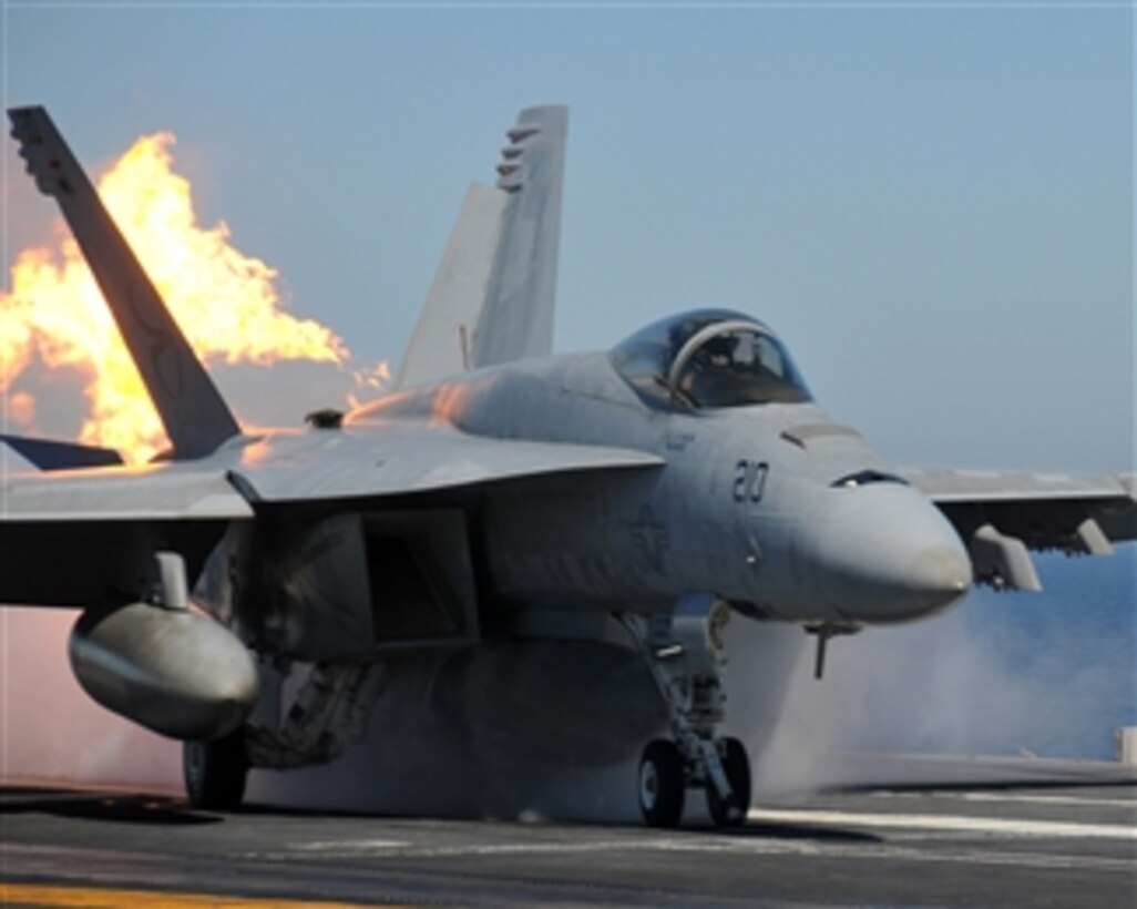 A U.S. Navy F/A-18E Super Hornet aircraft assigned to Strike Fighter Squadron 137 is launched from the flight deck of the aircraft carrier USS Abraham Lincoln (CVN 72) while underway in the Pacific Ocean on Feb.2, 2009.  