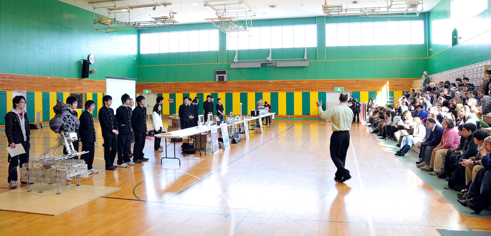 MISAWA AIR BASE, Japan -- Hachinohe National College of Technology students present Edgren High School students their class projects Feb. 4, 2009.  Which included two kinds of robots, musical instruments, and video games.  (U.S. Air Force photo by Senior Airman Chad C. Strohmeyer)