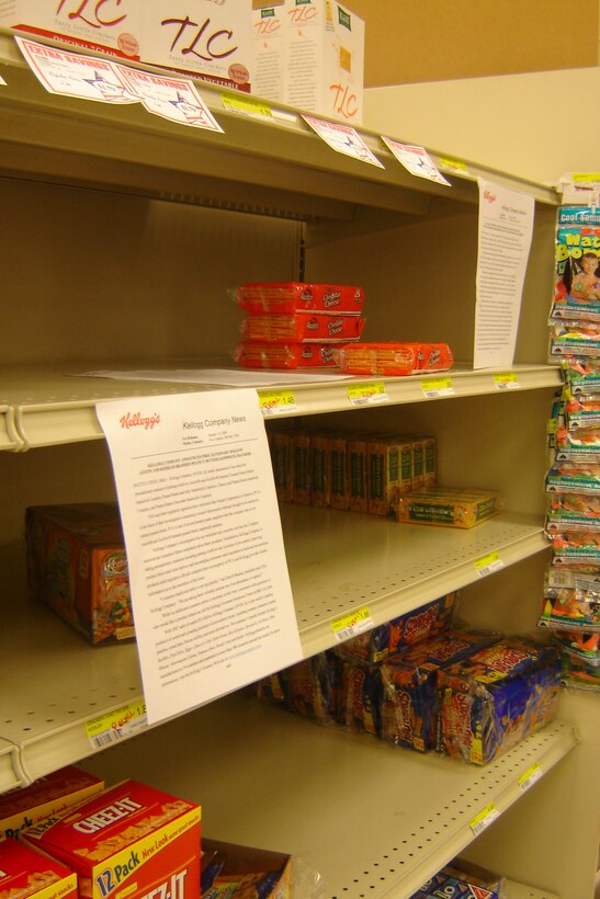 Commissary stockers pulled products from the store’s shelves that were some of the items recalled due to contaminated peanut butter products. (U.S. Air Force photo by Will Alexander)