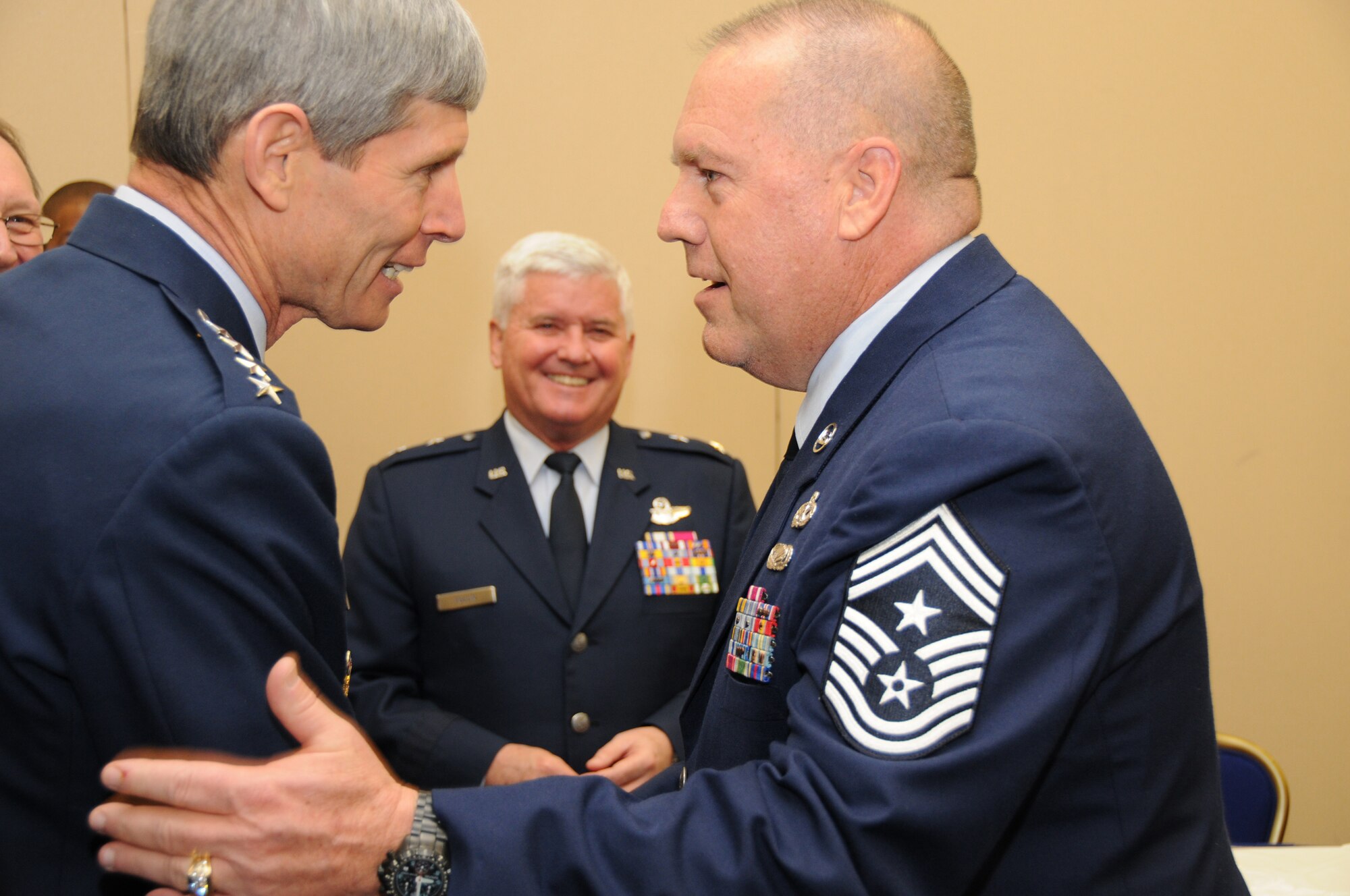 Chief Master Sgt. John Anderson, 94th Airlift Wing command chief, greets General Norton Schwartz, Chief of Staff of the U.S. Air Force, Feb. 4 during an Air Force Reserve senior leaders conference in Washington D.C. The two served together years ago.


