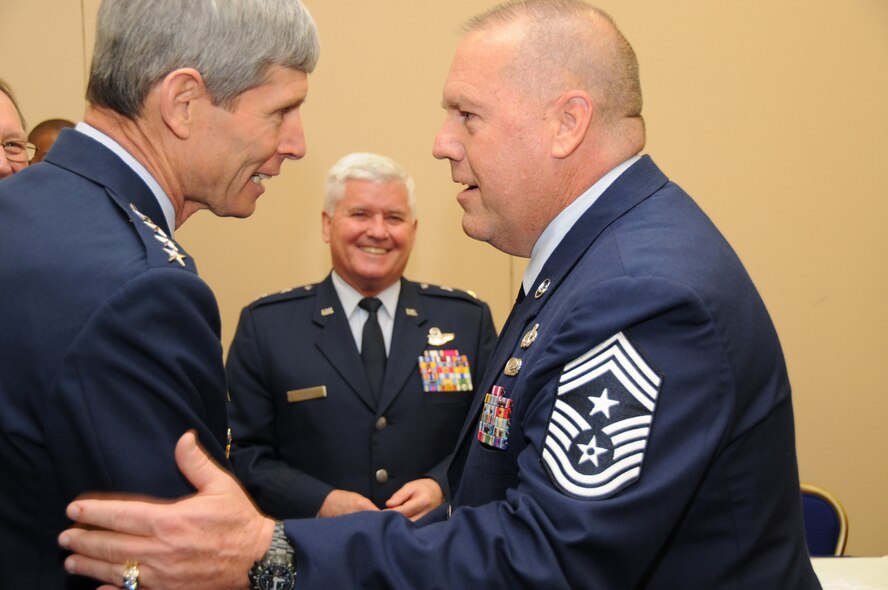 Chief Master Sgt. John Anderson, 94th Airlift Wing command chief, greets General Norton Schwartz, Chief of Staff of the U.S. Air Force, Feb. 4 during an Air Force Reserve senior leaders conference in Washington D.C. The two served together years ago.


