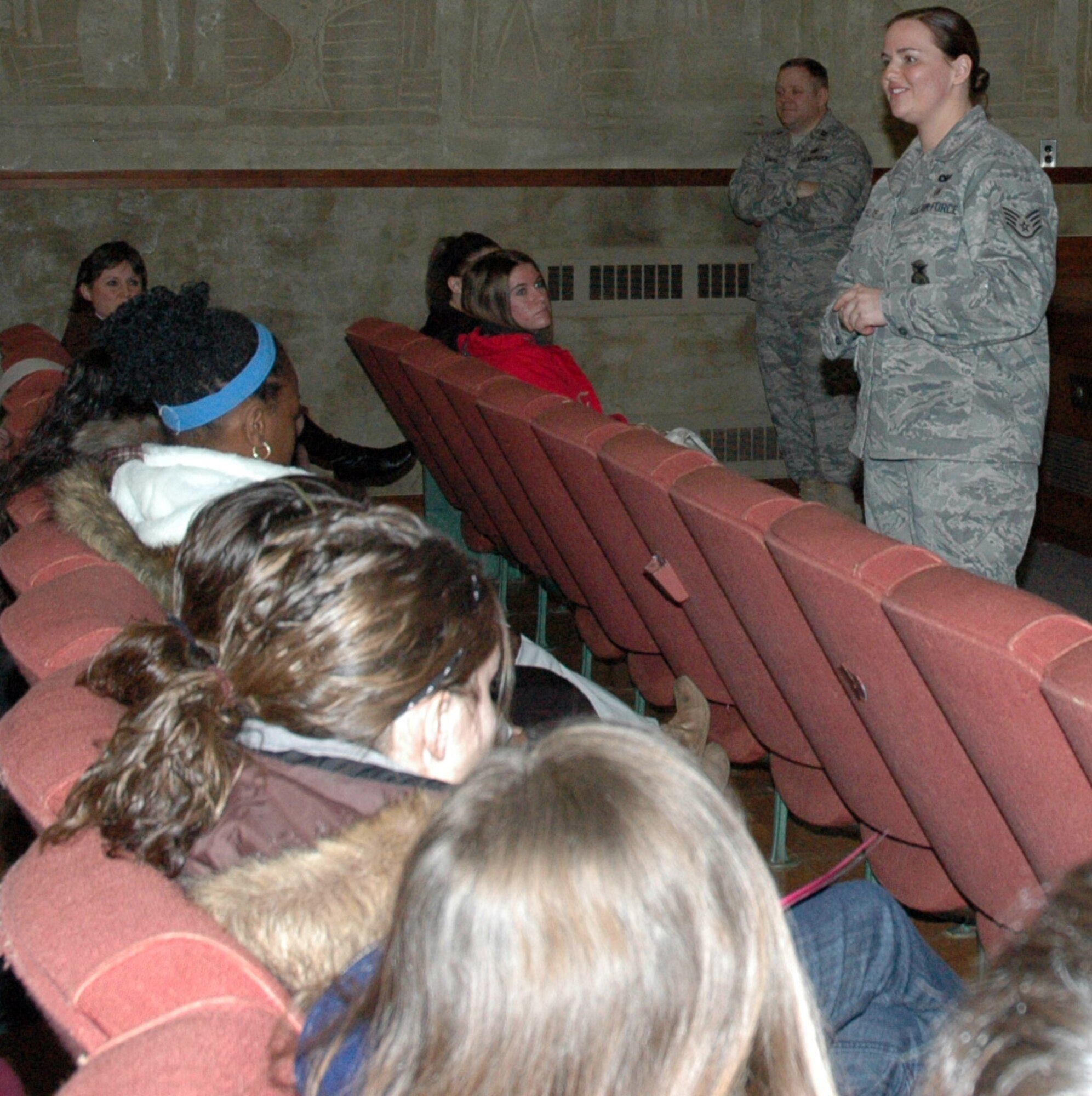BOARDMAN, Ohio — Staff Sgt. Julia Felts, a Reservist with the 910th Security Forces Squadron, volunteers February 5, 2009 to speak with approxinately 40 students representing 14 local high schools as part of Akron Children's Hospital of the Mahoning Valley's Teen Outreach Program.