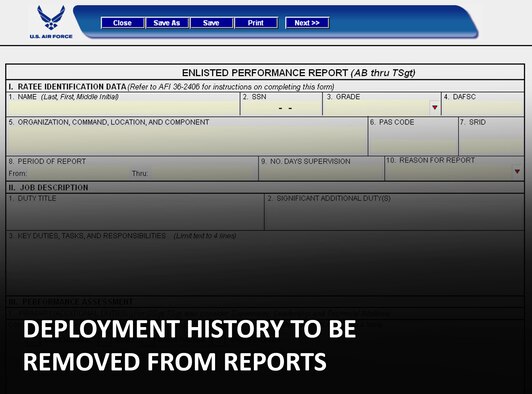 Air Force officials recently announced that 45-day deployment history data will be deleted from duty qualification briefs for officer selection and preselection and from senior noncommissioned officer evaluation briefs. (U.S. Air Force graphic/Senior Airman Stephen Collier)
