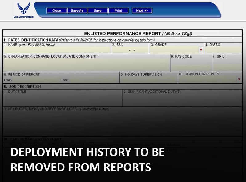 Air Force officials recently announced that 45-day deployment history data will be deleted from duty qualification briefs for officer selection and preselection and from senior noncommissioned officer evaluation briefs. (U.S. Air Force graphic/Senior Airman Stephen Collier)
