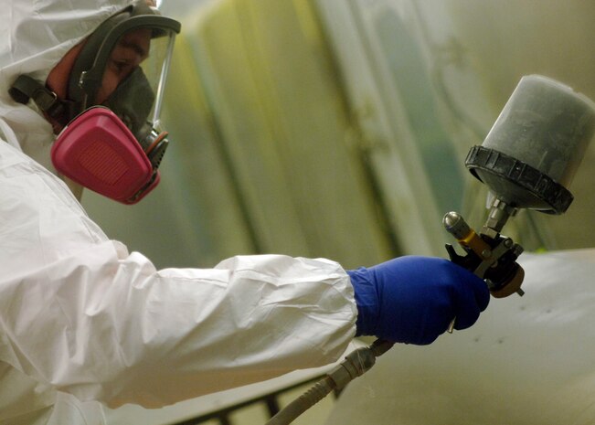 Airman 1st Class Corey Pfantz sprays a base coat onto a C-17 skin panel in the 437th Maintenance Squadron Aircraft Structural Maintenance Shop Feb. 4. The 437 MXS Aircraft Structural Maintenance Shop performs all structural maintenance and corrosion control for all C-17s assigned to the base. Airman Pfantz is an aircraft structural journeyman with the 437 MXS. (U.S. Air Force photo/Senior Airman Timothy Taylor) 
