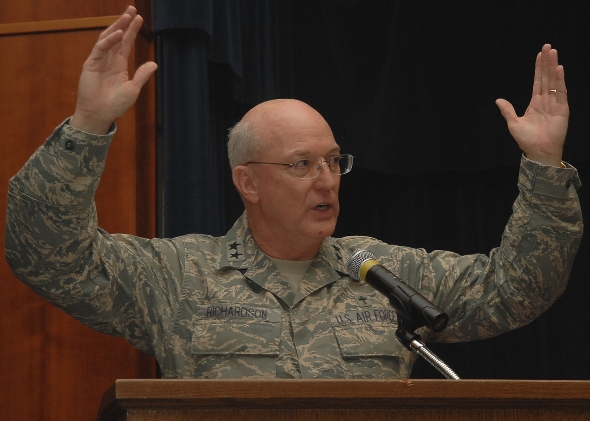 SPANGDAHLEM AIR BASE, GERMANY-- U.S.  Air Force Chaplain Major General Cecil Richardson delivers a moving speech during the National Prayer Luncheon in the Eiffel Club on Jan 30. The national prayer luncheon is an annual interface luncheon that recognizes the moral and religious values upon which the nation was founded. (U.S. Air Force photo by Airman 1st Class Nicholas Wilson)