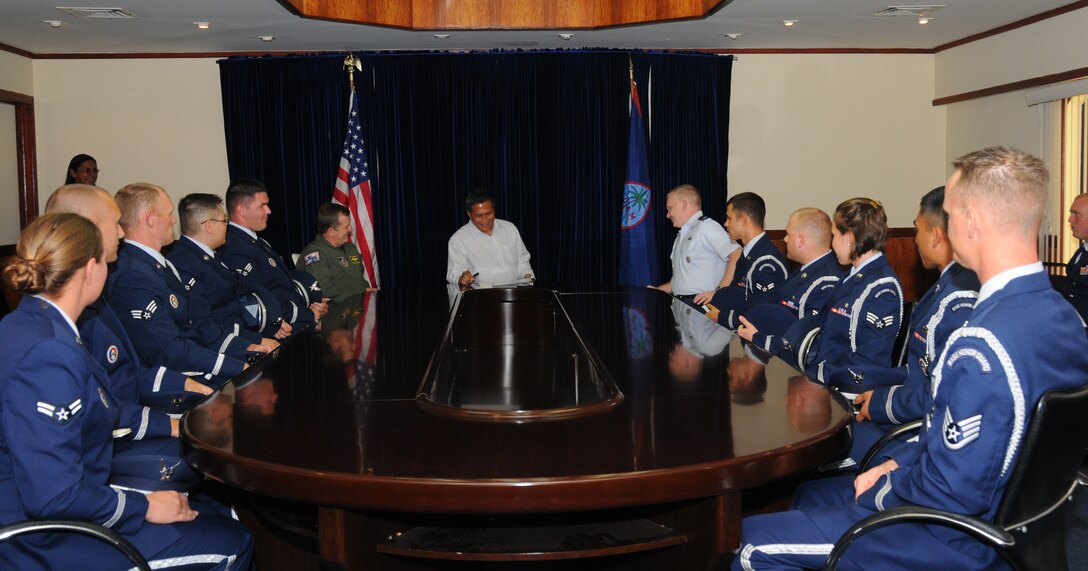 ANDERSEN AIR FORCE BASE, Guam -  Michael W. Cruz, Lieutenant Governor of Guam, addresses Andersen's Blue Knights Honor Guard members before declaring February 5, 2009 as Andersen AFB Honor Guard Day on Feb. 5, at the governors office.  The Honor Guard is a selectively manned unit, with more than 250 ceremonial guardsmen.  (U.S. Air Force photo by Staff Sgt Jamie Lessard)   