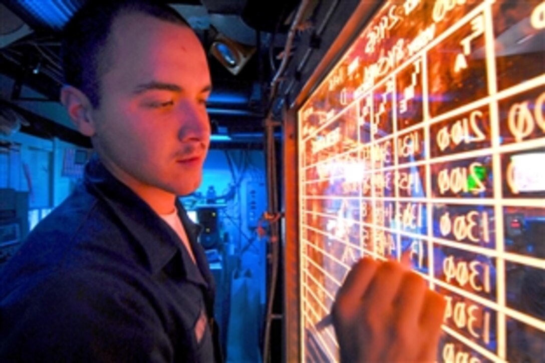 U.S. Navy Apprentice Adam Minkel tracks aircraft in the air traffic control center aboard the amphibious assault ship USS Essex, Pacific Ocean, Jan. 29, 2009. The USS Essex air-traffic controllers monitor air traffic within a 220-mile radius.