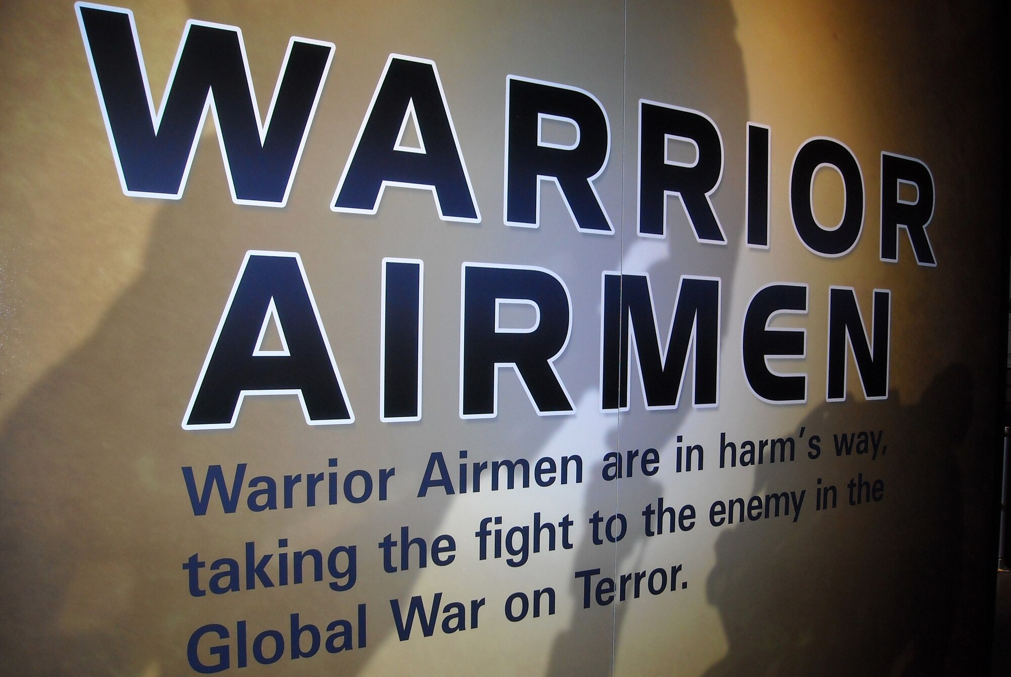 This sign welcomes visitors to the new "Warrior Airmen" exhibit at the National Museum of the United States Air Force, Wright-Patterson AFB, Ohio on January 12, 2009, the opening night of the new collection of exhibits. The newest addition to the museum honors how today’s fight-focused Air Force contributes to the global war on terrorism in Operations Enduring Freedom and Iraqi Freedom. (U.S. Air Force photo by Captain Lisa Dowling)