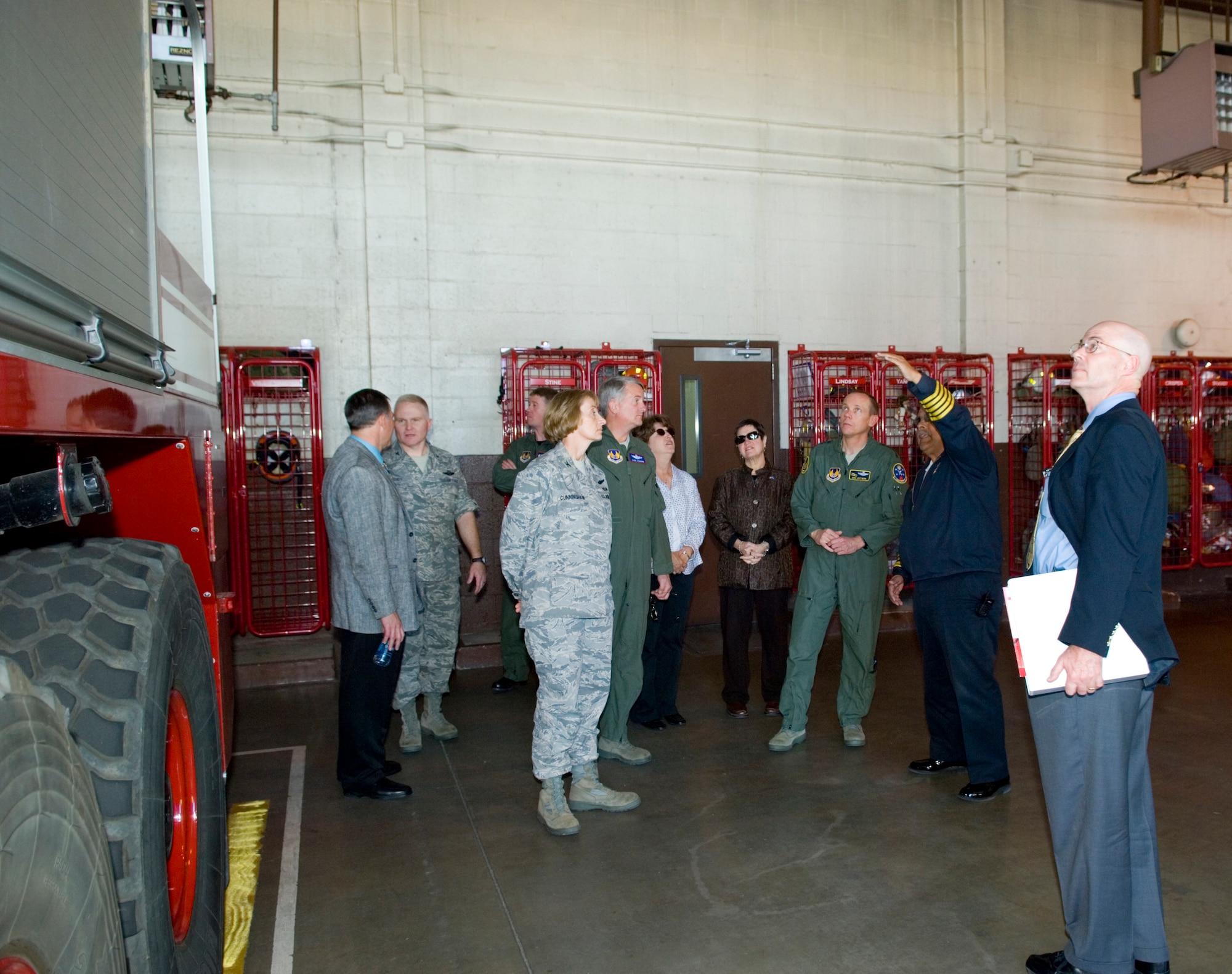 James Judkins, director of the 95th Civil Engineer and Transportation Directorate, gives  a tour of Fire Station 1 to Gen. Donald Hoffman, commander of Air Force Materiel Command, Feb. 3. General Hoffman visited Edwards for the first time as the AFMC commander to observe the base's mission. (Air Force photo by Mike Cassidy) 