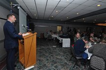 MINOT AIR FORCE BASE, N.D. -- Lt. Col. Donald B Brewer, 5th Comptroller Squadron commander, presented the 2008 economic impact report to community and military members of the Military Affairs Committee, Feb. 5 at the Grand International Inn in Minot. The monetary impact was in increase of $382 million. The committee cultivates relations between members of the community and base personnel, and promotes the communication and understanding of subjects that effects both parties. (U.S. Air Force photo by Senior Airman Kelly Timney)