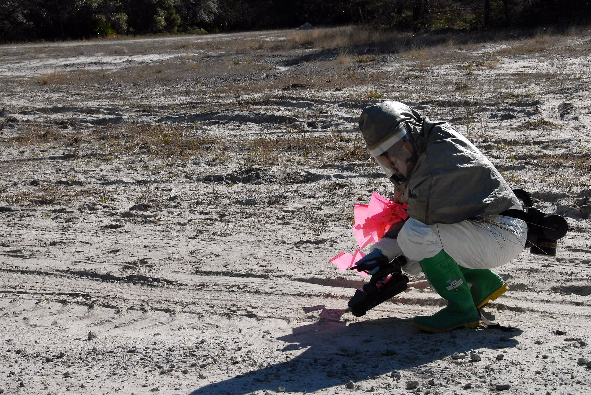 Staff Sgt Karla J. Belliveau, 104th Fighter Wing, tests for radiation during a Silver Flag exercise at Tyndall Air Force base, Fla., Feb. 5. Silver Flag is training for Air Force members to learn new skills in a simulated combat environment. (U.S. Air Force photo/Tech. Sgt. Melanie Casineau)