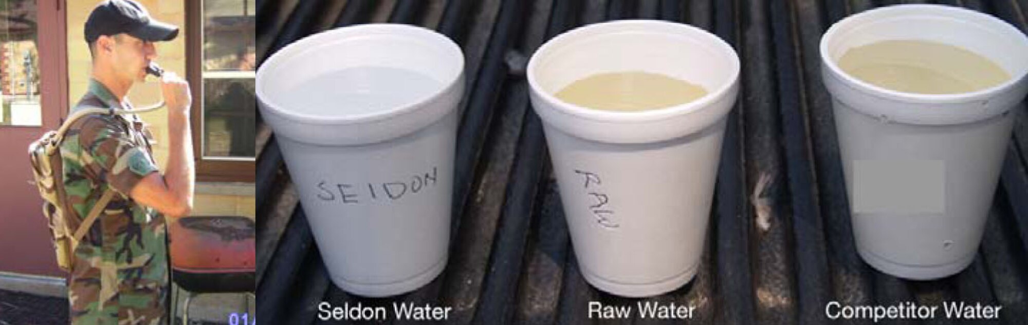 Member of the 194th Air Support Operations Group, Air National Guard (pictured left); labeled water samples (pictured right) Photo Credit:  Air Force Image
