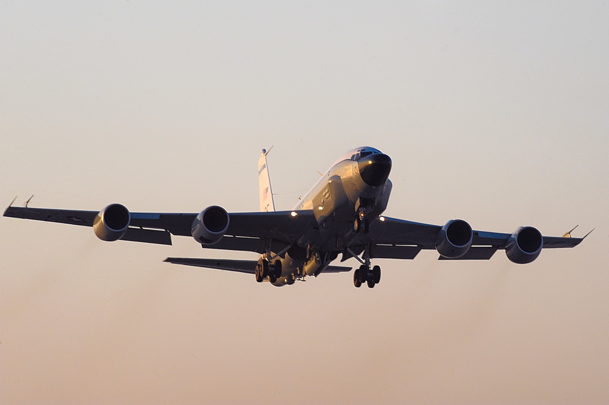 An RC-135 Rivet Joint surveillance aircraft from the 763rd Expeditionary Reconnaisance Squadron, takes off for its 7,000th  combat mission in the U.S. Central Command’s area of responsibility Jan. 6th, 2009. The Rivet Joint reconnaissance aircraft supports Operations Iraqi and Enduring Freedom and Combined Joint Task Force - Horn of Africa with near real time on-scene intelligence collection, analysis and dissemination capabilities. (U.S. Air Force Photo by Staff Sgt. Joshua Garcia/released) 
