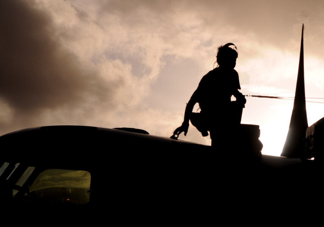 A Japan Air Self Defense Force aircraft maintainer inspects an E2-C aircraft Feb. 5 at Andersen Air Force Base, Guam during Cope North 09-1 after a local area mission. JASDF F-2s from the 6th Squadron, Tsuiki Air Base and E-2Cs from the 601st Squadron, Misawa Air Base will join forward deployed USAF F-16 Fighting Falcons from the 18th Aggressor Squadron, Eielson Air Force Base, Alaska, B-52 Stratofortress' currently deployed to Andersen from the 23rd Expeditionary Bomb Squadron, and Navy EA-6B from VAQ-136 Carrier Air Wing
Five, Atsugi, Japan will participate in this year's exercise with a focus on
interoperability.
