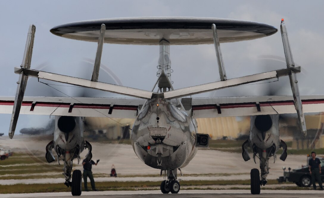 Japanese E-2C maintainers, 601st Squadron, Misawa Air Base Japan recover an E-2C Feb. 5 at Andersen Air Force Base, Guam during Cope North 09-1 after a local area mission. Navy EA-6B Prowlers from VAQ-136 Carrier Air Wing Five, Atsugi, Japan along with Japan Air Self Defense Force F-2s  from the 6th Squadron, Tsuiki Air Base and E-2Cs fighter airborne control aircraft will join forward deployed USAF  F-16 Fighting Falcons from the 18th Aggressor Squadron, Eielson Air Force Base, Alaska, B-52 Stratofortress' currently deployed to Andersen from the 23rd Expeditionary Bomb Squadron will participate in this year's Cope North exercise Feb. 2-13, with a focus on interoperability. (U.S. Air Force photo/ Master Sgt. Kevin J. Gruenwald) released      
