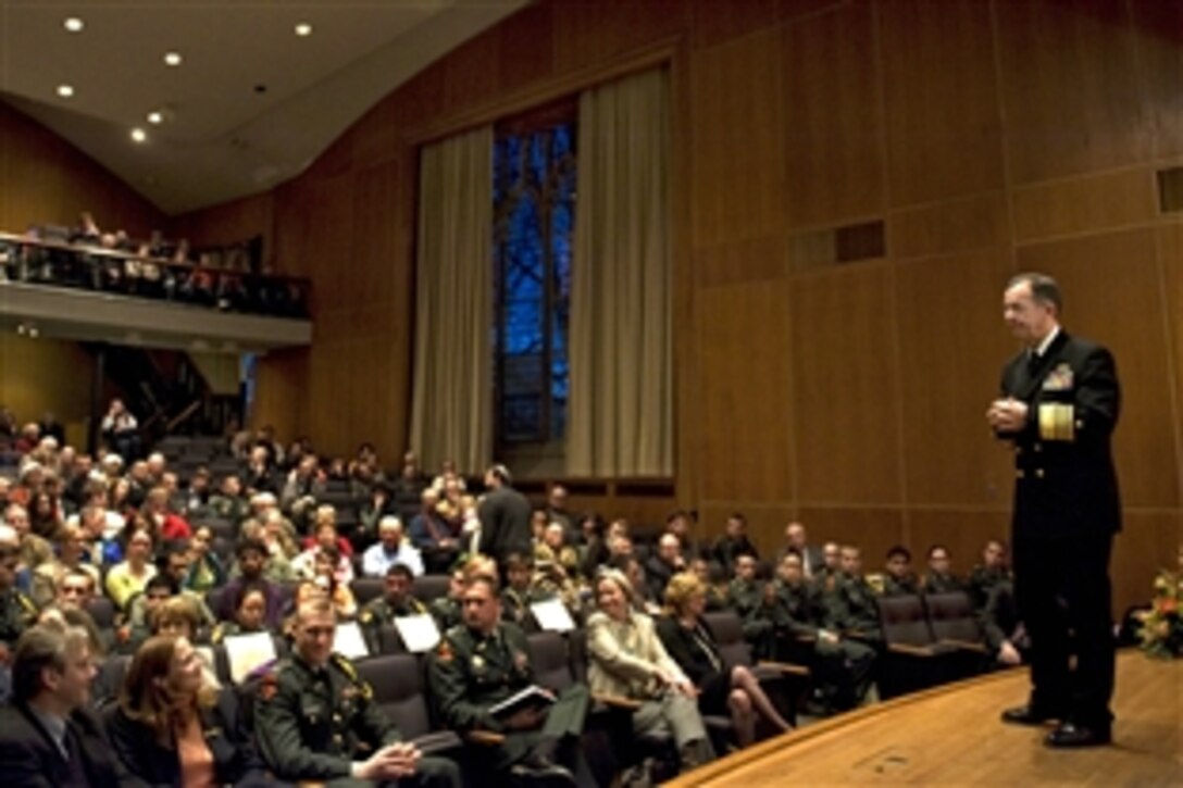 U.S. Navy Adm. Mike Mullen, chairman of the Joint Chiefs of Staff, addresses students and faculty at Woodrow Wilson School of Public and International Affairs at Princeton University, N.J., Feb. 5, 2009.