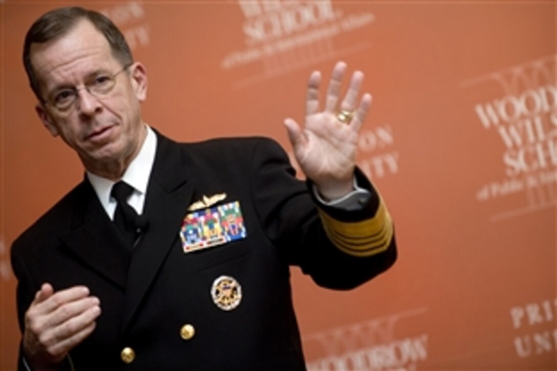 U.S. Navy Adm. Mike Mullen, chairman of the Joint Chiefs of Staff, addresses students and faculty at Woodrow Wilson School of Public and International Affairs at Princeton University, N.J., Feb. 5, 2009.