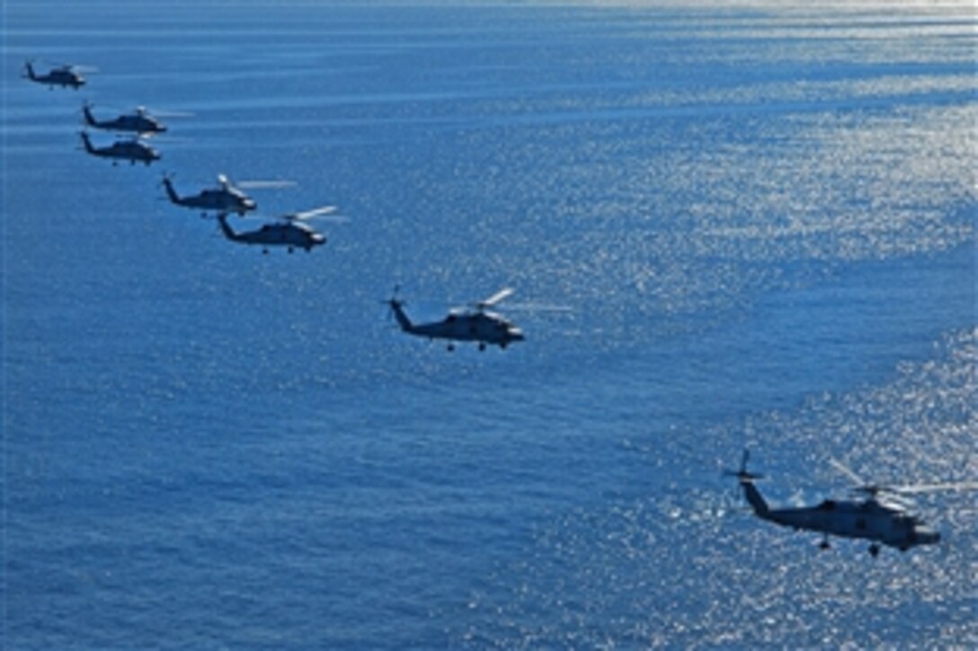 SH-60 Seahawk helicopters from U.S. Navy Helicopter Maritime Strike 41 perform an echelon left formation during an exercise off the coast of Southern California, Pacific Ocean, Feb. 3, 2009.