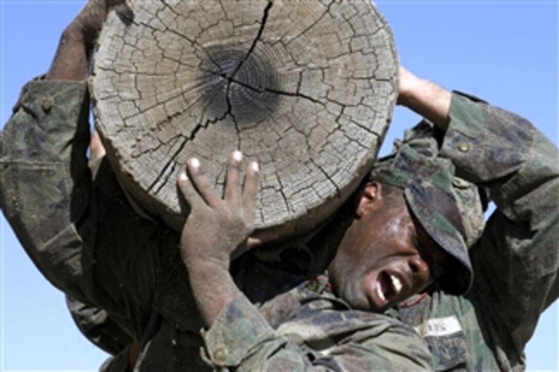 U.S. Navy sailors lift a large log dubbed Old Misery during log physical training at the Naval Special Warfare Center at Naval Amphibious Base Coronado, Calif., on Feb. 3, 2009.  The sailors are undergoing basic underwater demolition/SEAL training.  