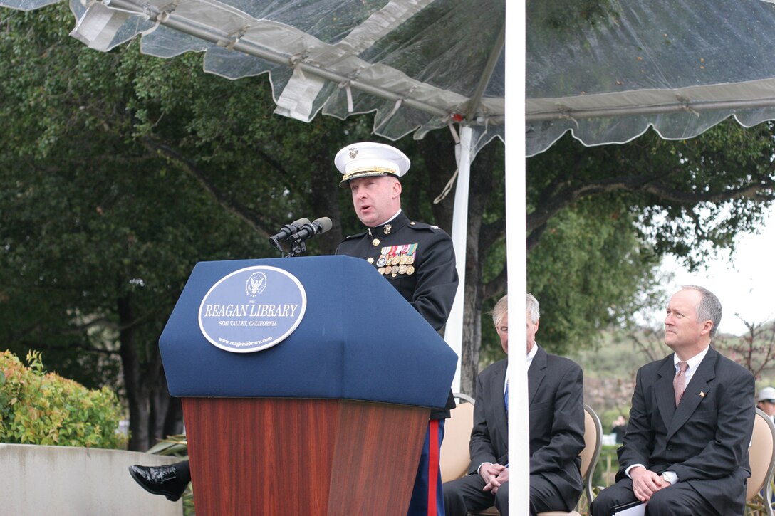Col. James B. Seaton III, commanding officer, Marine Corps Base Camp Pendleton, speaks at the annual wreath laying ceremony at the President Ronald Reagan memorial in Simi Valley, Calif., Feb. 6, 2009.