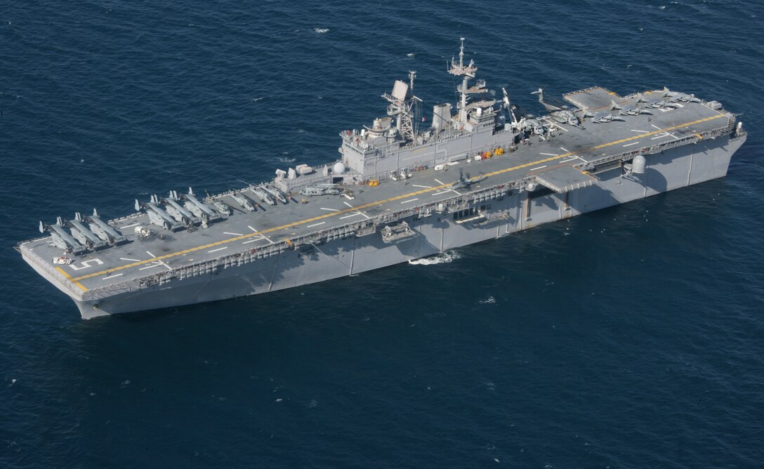 USS Bataan, an amphibious assault ship on which portions of the 22nd Marine Expeditionary Unit are embarked, plays a key role for flight operations during the Composite Training Unit Exercise Feb. 6, 2009. COMPTUEX is part of the 22nd MEU's pre-deployment training program. The 22nd MEU is scheduled to deploy this spring.::r::::n::(Official Marine Corps photo by Cpl. Theodore W. Ritchie)