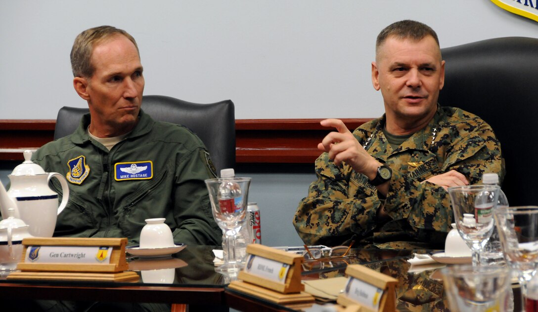 ANDERSEN AIR FORCE BASE, Guam - Vice Chairman of the Joint Chiefs of Staff U.S. Marine Gen. James E. Cartwright gives feedback during a briefing at the 36th Wing conference room here Feb. 7.  General Cartwright visited Andersen to receive an operational update on the military forces based on Guam and the status of plans for moving Marines from Okinawa, Japan, to Guam. (U.S. Air Force photo by Airman 1st Class Courtney Witt)(released)