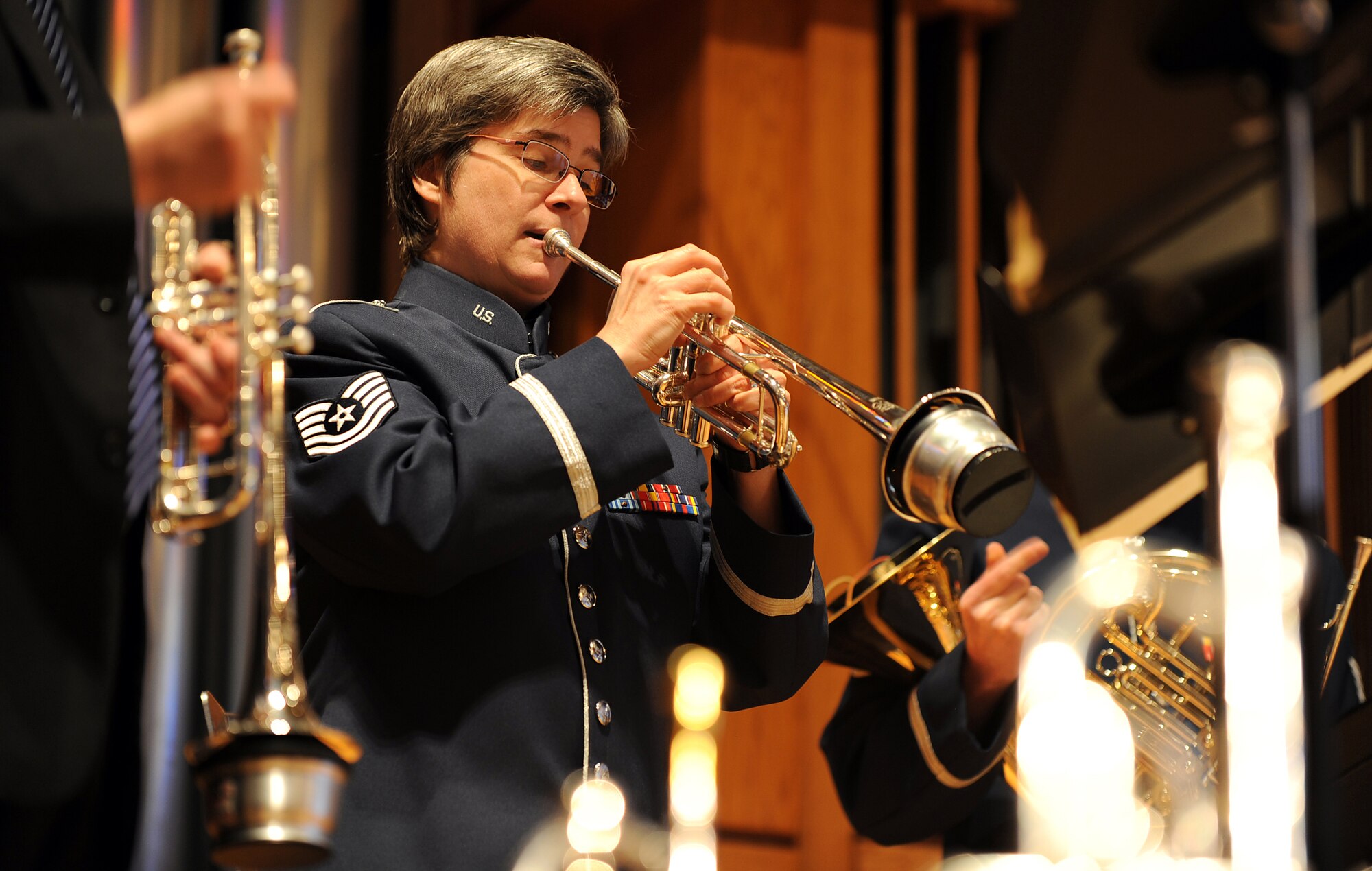 OFFUTT AFB, Neb. -- Tech. Sgt. Jennifer Bales, Heartland of America Band plays a trumpet during the Organ Vesper Series held at the Presbyterian Church of the Cross, Omaha, Feb 8 This public concert was one of a concert series hosted by the church to celebrate their 20th season of concerts.

U.S. Air Force Photo by Josh Plueger