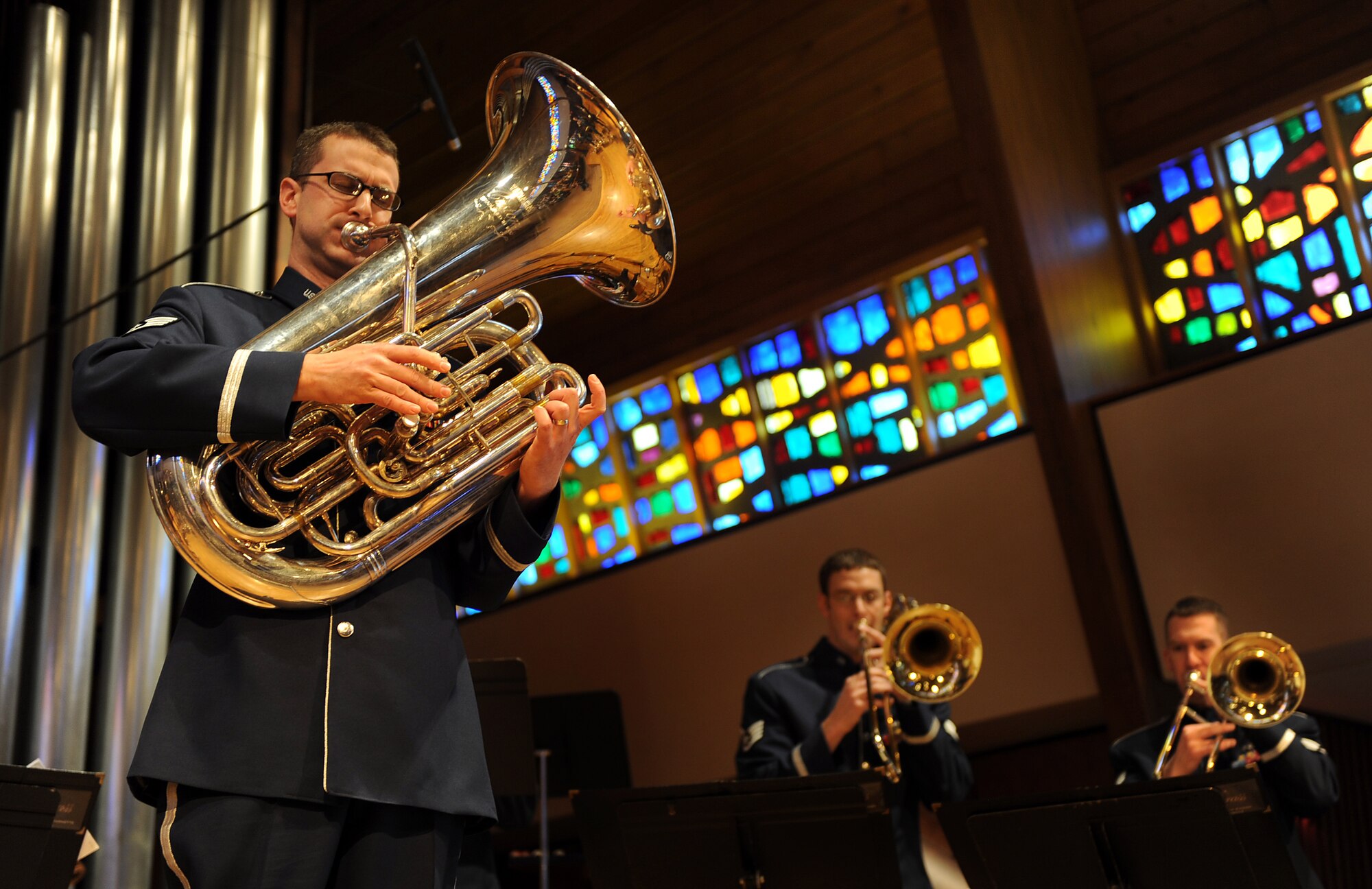 OFFUTT AFB, Neb. -- Staff Sgt. Mark Barnette, Heartland of America Band plays a tuba during the Organ Vesper Series held at the Presbyterian Church of the Cross, Omaha, Feb 8. This public concert was one of a concert series hosted by the church to celebrate their 20th season of concerts.

U.S. Air Force Photo by Josh Plueger