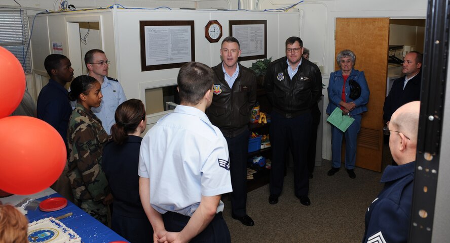 DYESS AIR FORCE BASE, Texas -- Colonel Robert Gass addresses volunteers at the Tax Center grand opening here, Feb 9.  The Dyess Tax Center provides free tax filing for Airman and their families.  (U.S. Air Force photo by Staff Sgt. Alan Garrison)