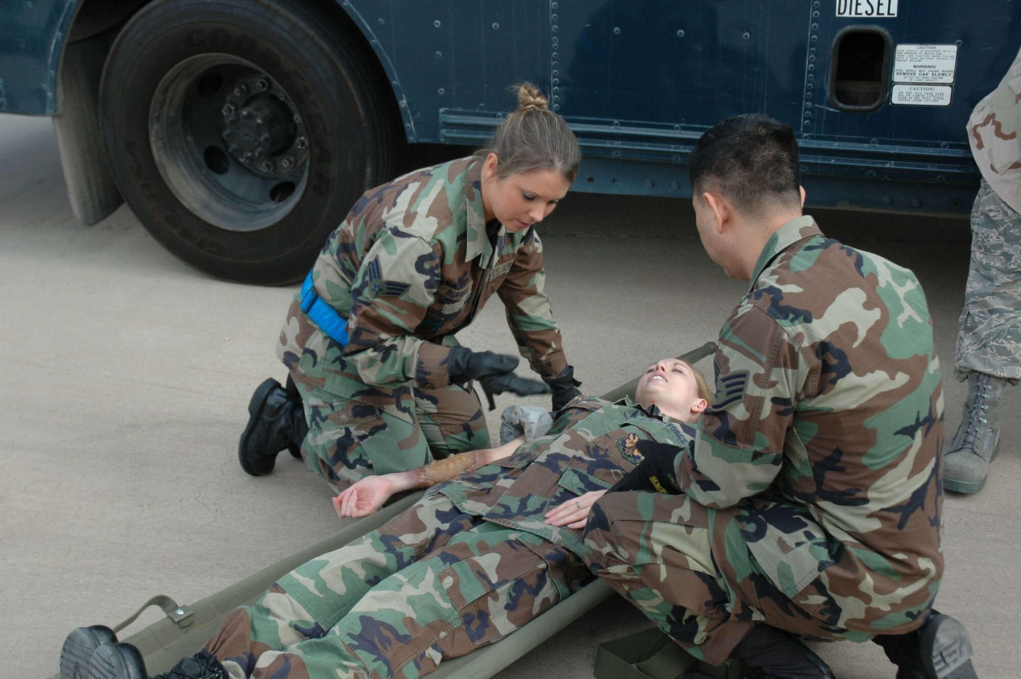 As part of the 944th Fighter Wing's annual Bosses Day Feb. 7, civilian employers of unit reservists witnessed the 944th Aeromedical Staging Squadron and the 944th Medical Squadron in a mass casualty exercise. To make the exercise seem more realistic, 'patients' are given wounds with makeup. Throughout the year, reservists exercise to enhance their training and prepare themselves for unexpected events. (U.S. Air Force photo/Tech. Sgt. Susan Stout) 