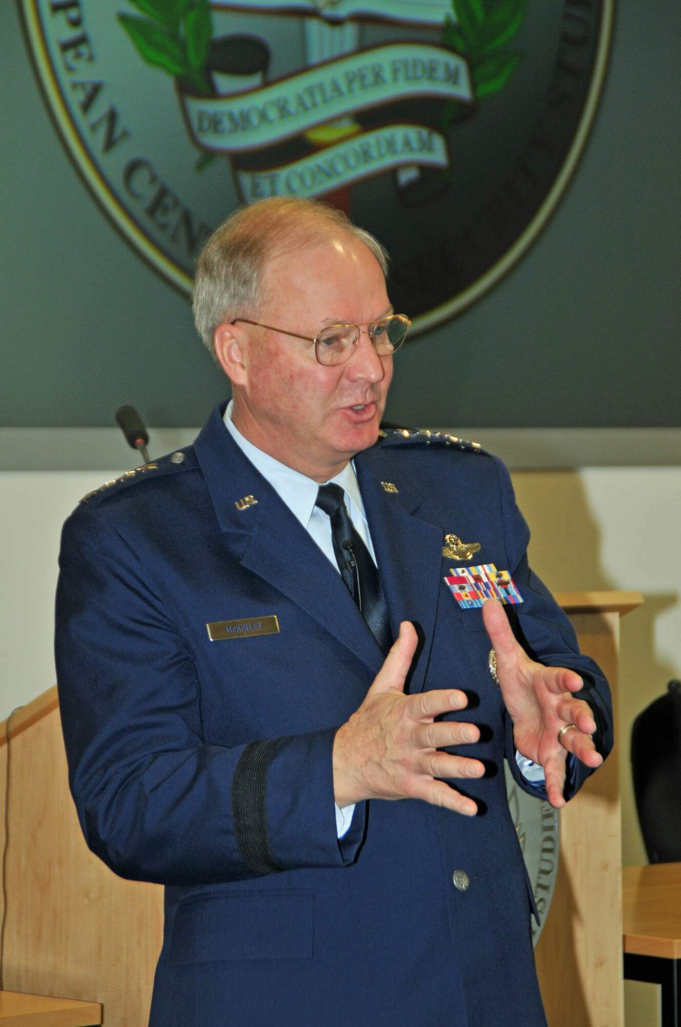 Gen. Craig R. McKinley, chief of the National Guard Bureau, speaks to nearly 50 international, civilian and military leaders attending the Seminar on Transatlantic Security at the George C. Marshall European Center for European Security Studies Feb. 5 in Garmisch-Partenkirchen, Germany. (Courtesy photo)