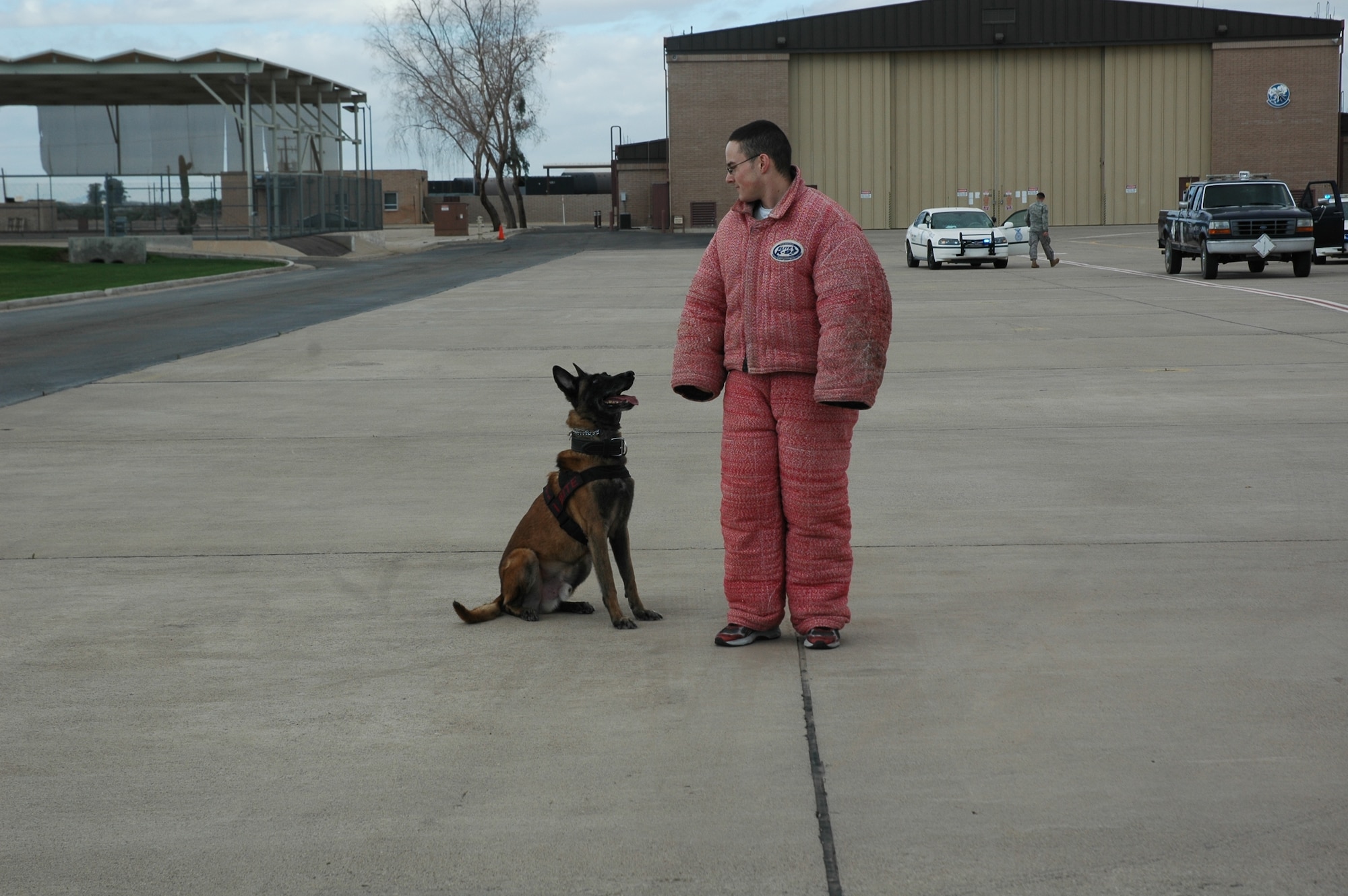 The military working dogs and their handlers demonstrate how the dogs can be called off should a suspect give up peacefully. The 56th Security Forces Squadron partnered with their reserve counterparts in the 944th Fighter Wing for the demonstration during the 944th Fighter Wing's annual Bosses Day Feb. 7. The 944th SFS welcomed home 37 of their members in January from a six-month deployment to Kirkuk Regional Air Base, Iraq. While there, four of the Reservists were certified as dog handlers. (U.S. Air Force photo/Tech. Sgt. Susan Stout) 